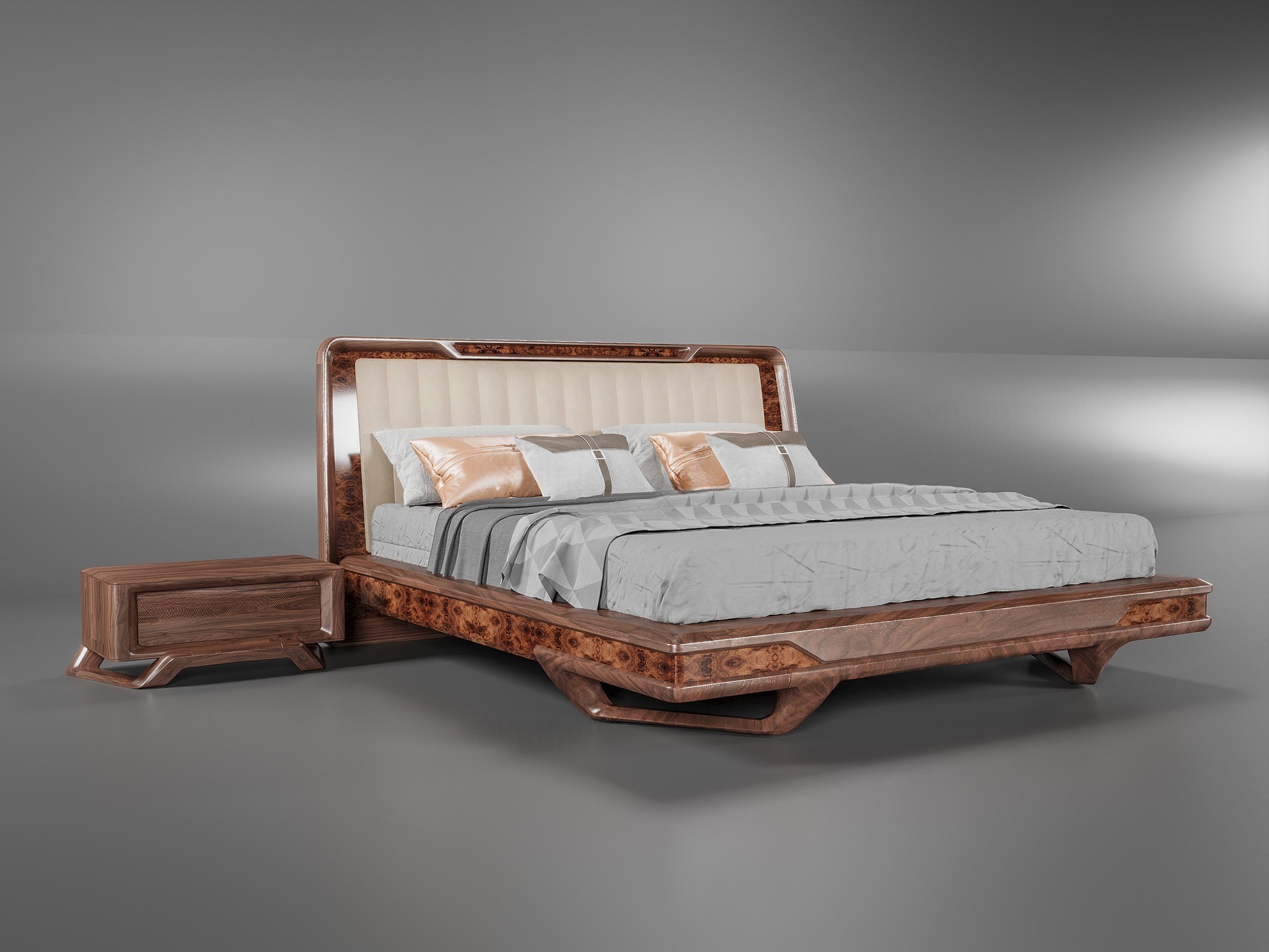 Giường ngủ bằng gỗ gụ tự nhiên với tựa đầu bọc da và khung veneer nu