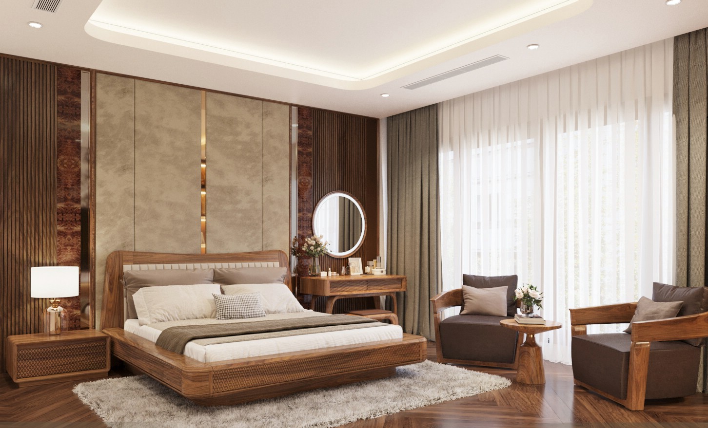 Giường ngủ cao cấp gỗ tự nhiên dáng hộp chữ nhật, khung CNC mắt cáo và tựa đầu bọc da trắng kem sang trọng