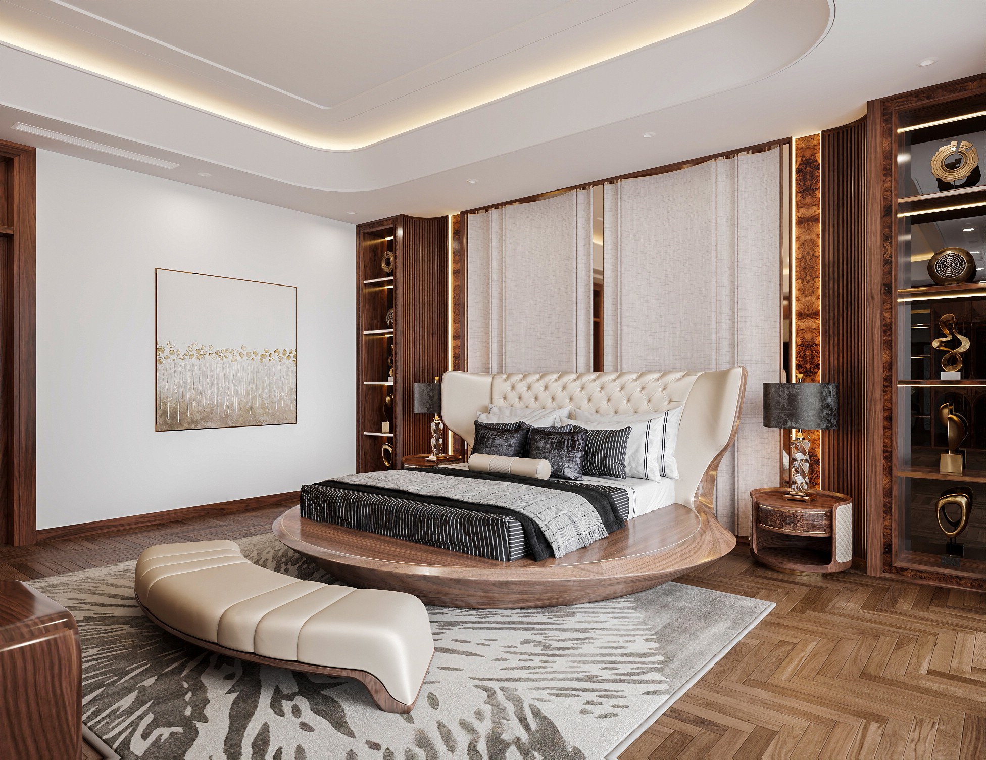 Giường ngủ đẹp hiện đại hình tròn với tựa đầu vòm cung bọc da trắng be