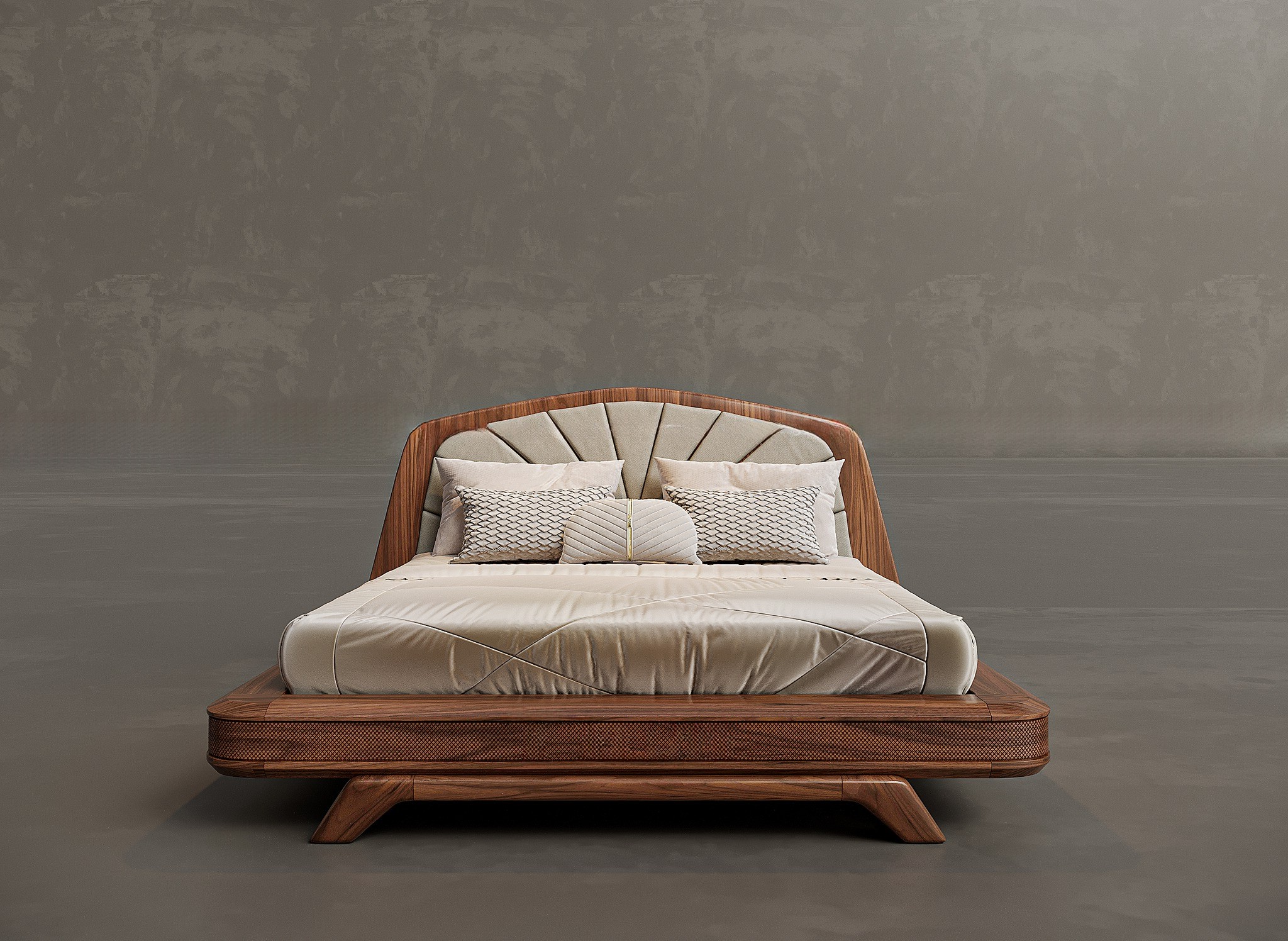 Giường ngủ gỗ cao cấp khung CNC caro bo tròn và tựa đầu bọc da ghi đá sang trọng