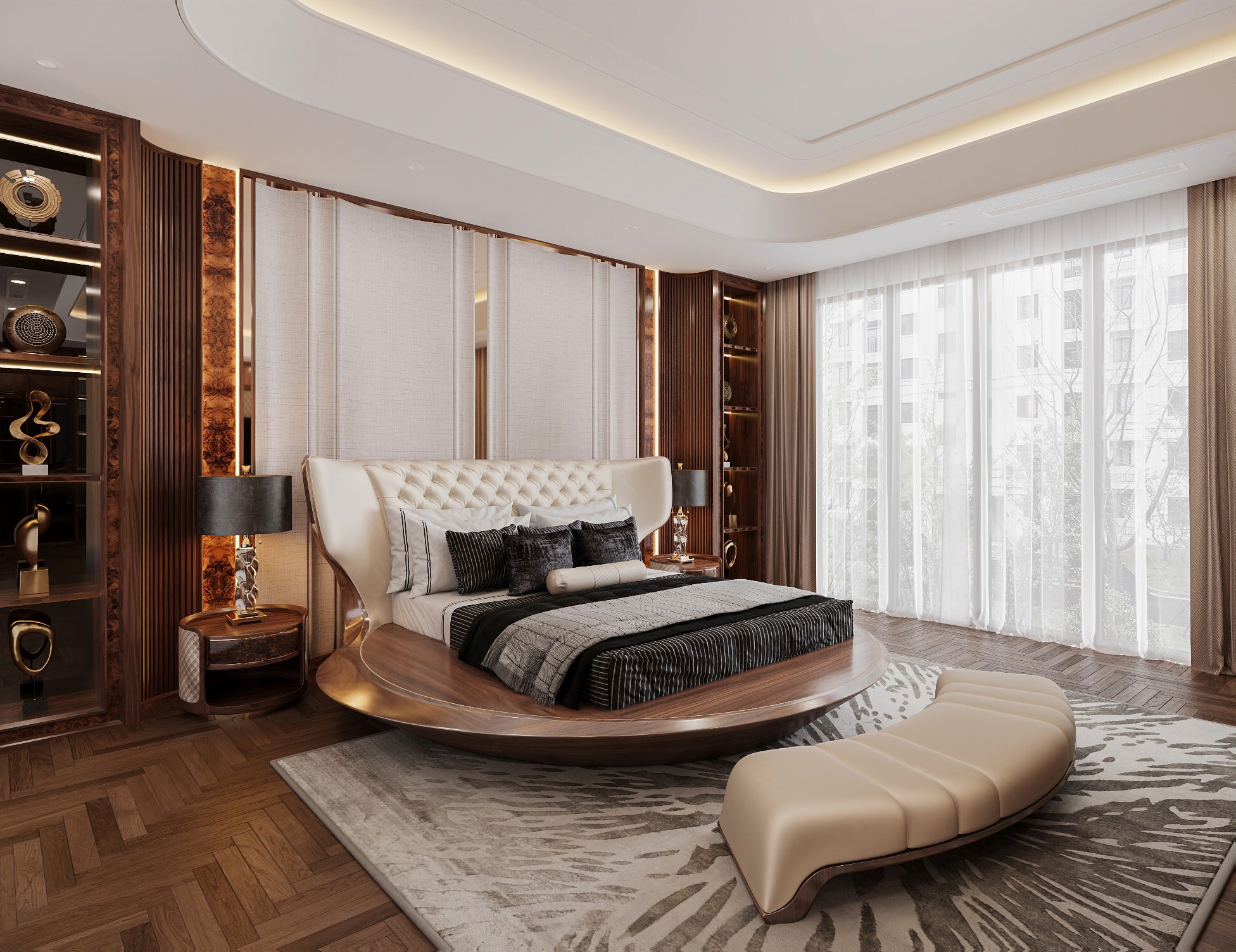 Giường ngủ gỗ tự nhiên cao cấp hình tròn gỗ óc chó đầu giường bọc da