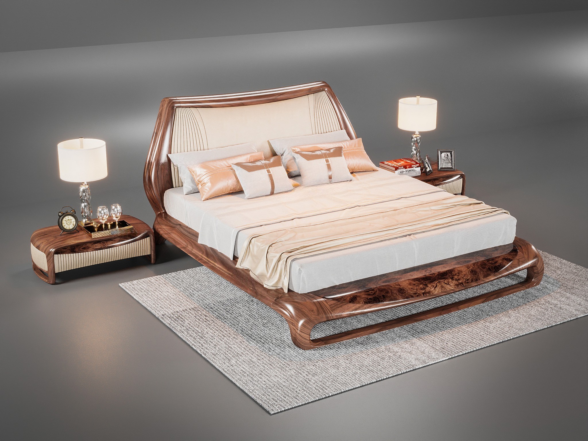 Giường ngủ gỗ tự nhiên hiện đại tone nâu đậm, tựa đầu bọc da be vàng