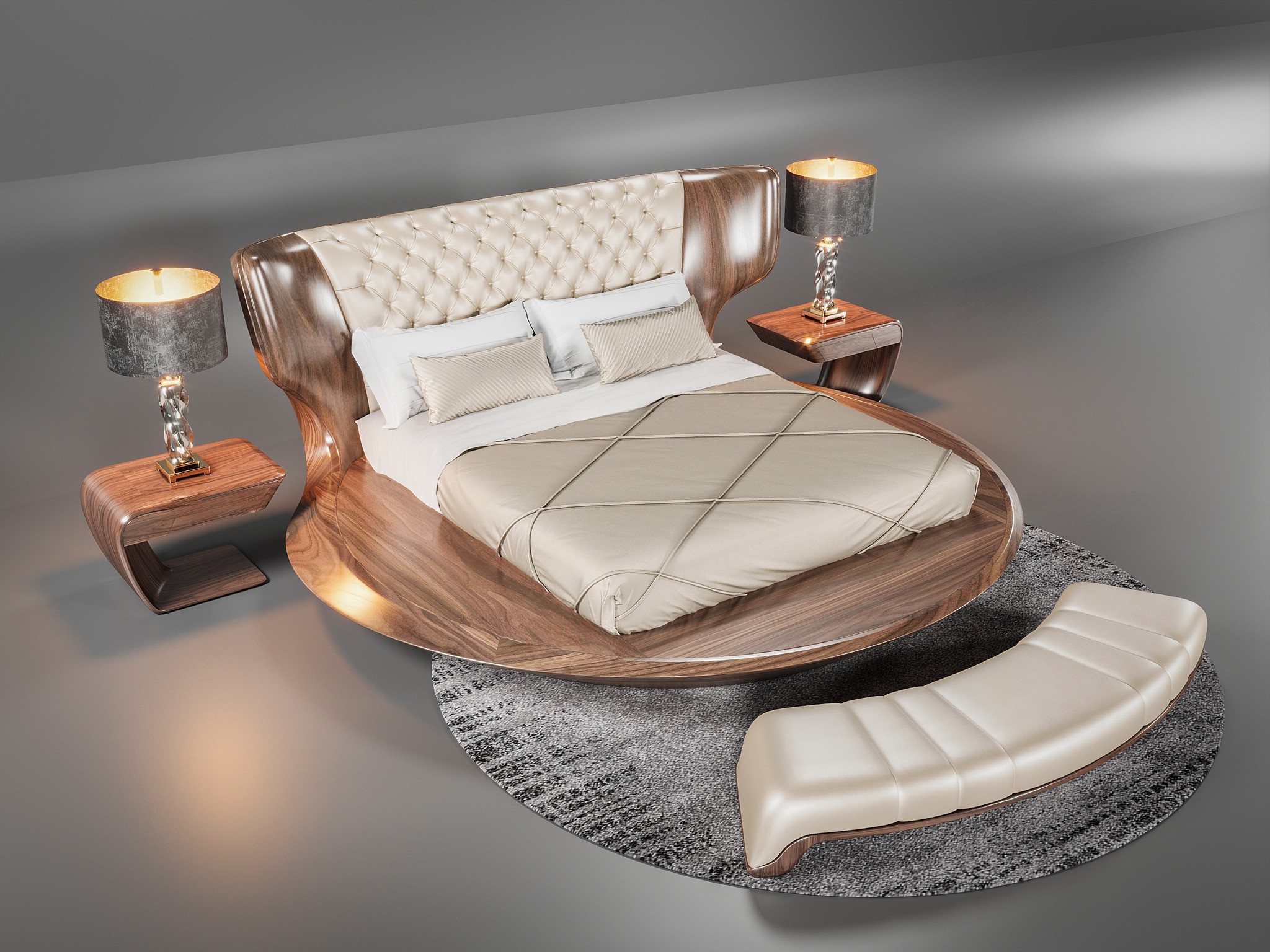 Giường ngủ gỗ tự nhiên dáng cong, đầu giường bọc nệm chần nút sang trọng