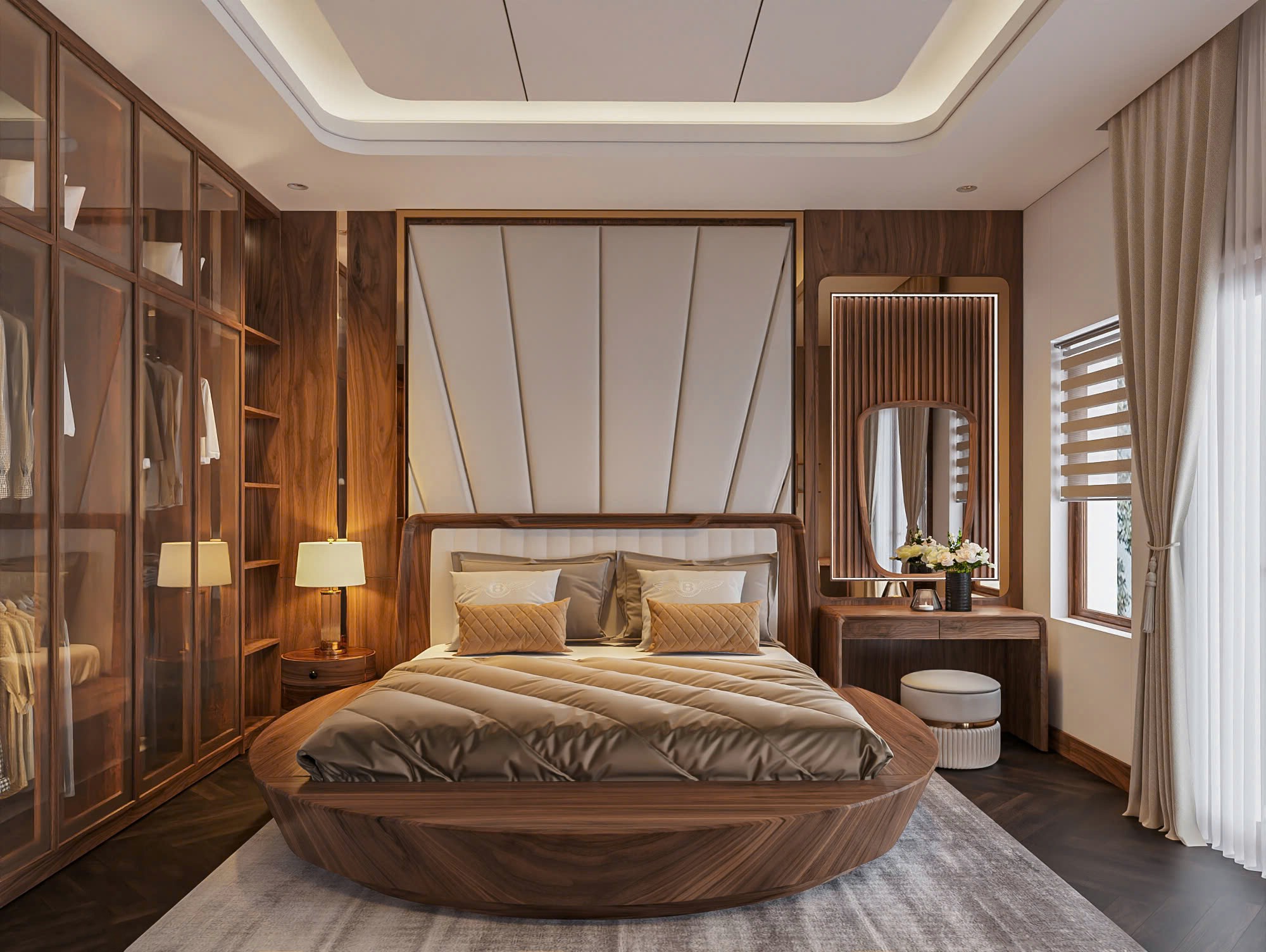 Giường ngủ gỗ óc chó cao cấp với đầu giường bọc da trắng ngà