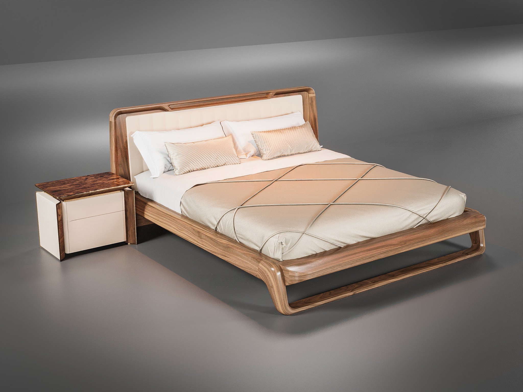 Giường ngủ hiện đại cao cấp gỗ sồi tự nhiên với tựa đầu bọc da trắng be kẻ sọc