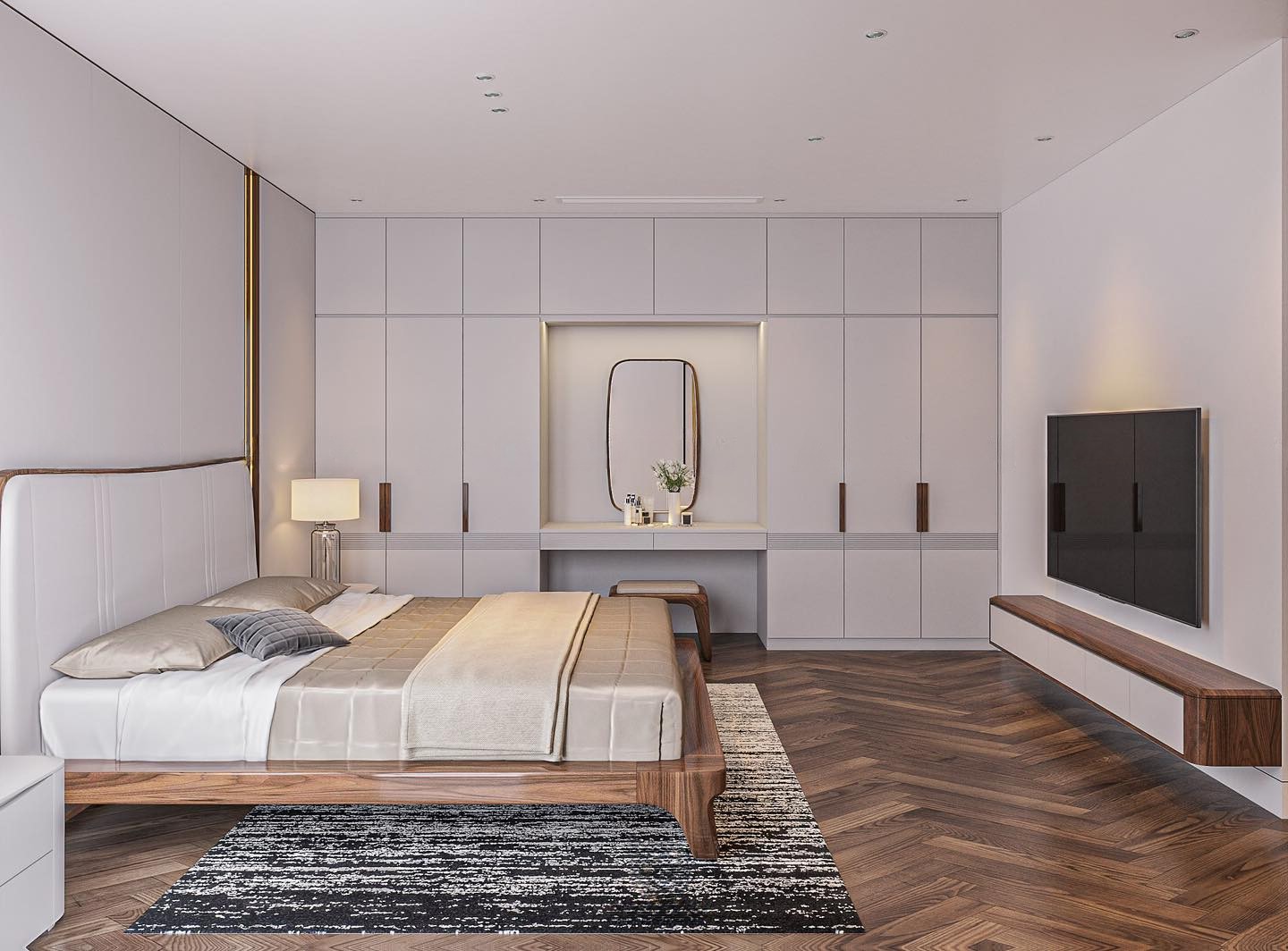 Giường ngủ sang trọng gỗ óc chó màu nâu nhạt với tựa đầu bọc da trắng