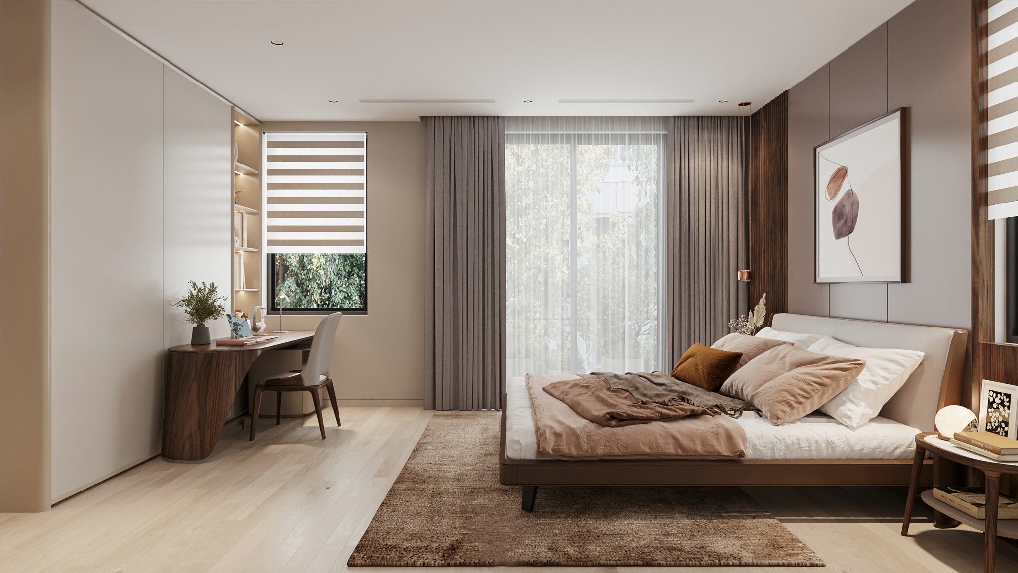 Giường ngủ thấp platform gỗ tự nhiên đầu giường bọc da PU