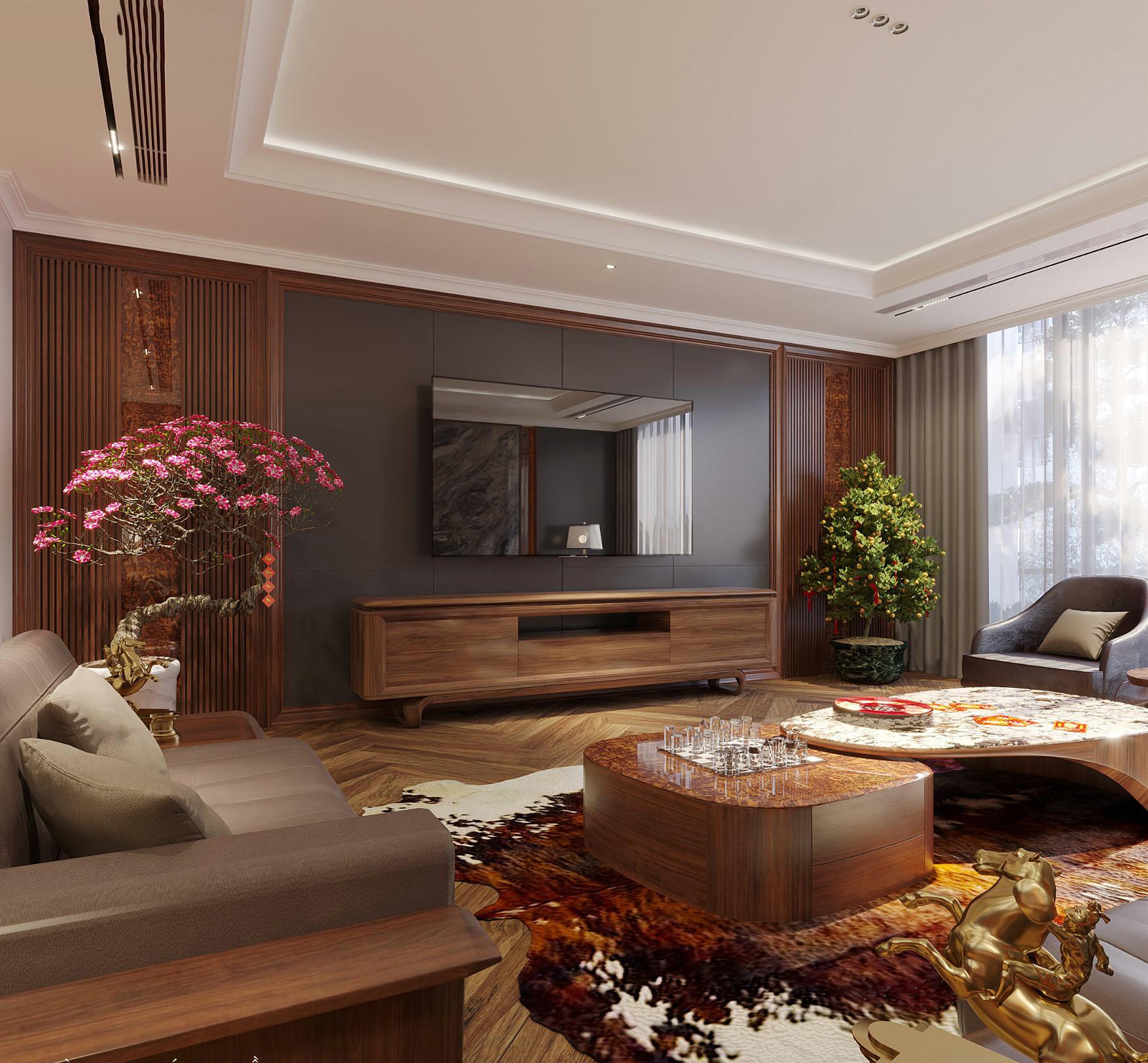 Kệ gỗ tivi hiện đại bằng gỗ óc chó màu nâu hạt dẻ