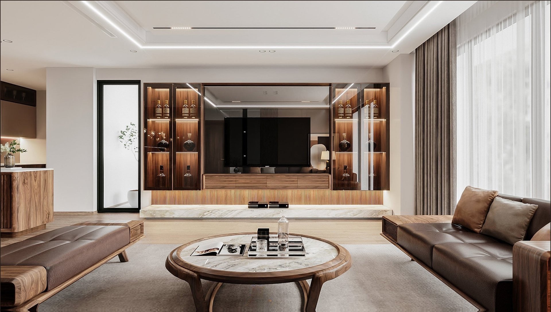 Kệ tivi đẹp hiện đại treo tường 4 ngăn kéo, tủ rượu kính hai bên có đèn led