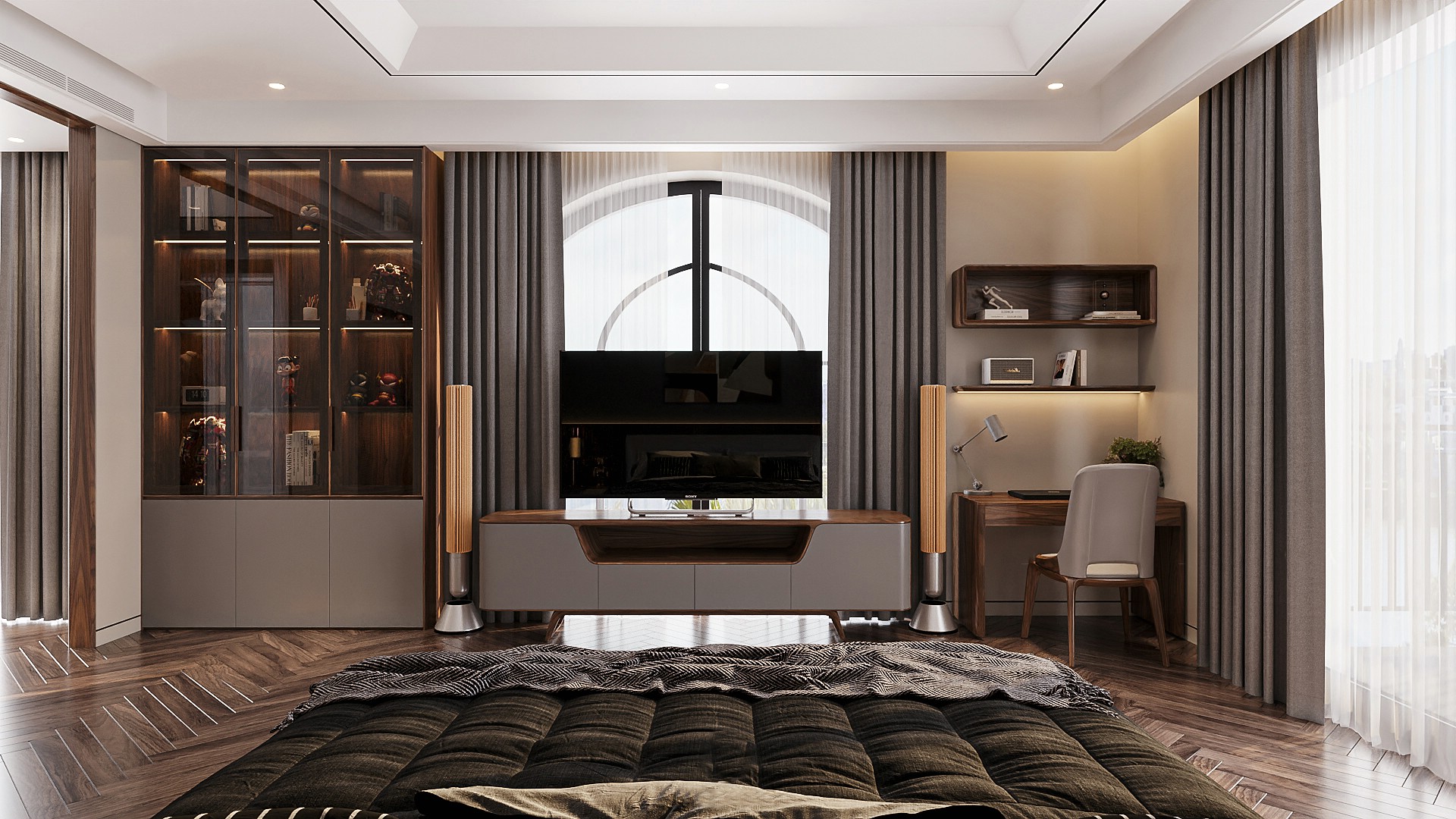 Kệ tivi đẹp hiện đại phủ veneer óc chó