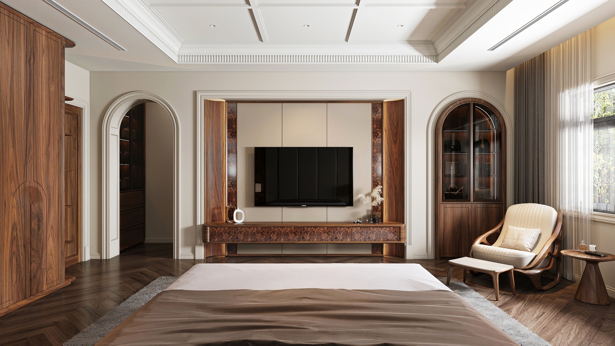 Kệ tivi đơn giản mà đẹp treo tường từ gỗ tự nhiên với 4 ngăn kéo veneer nu