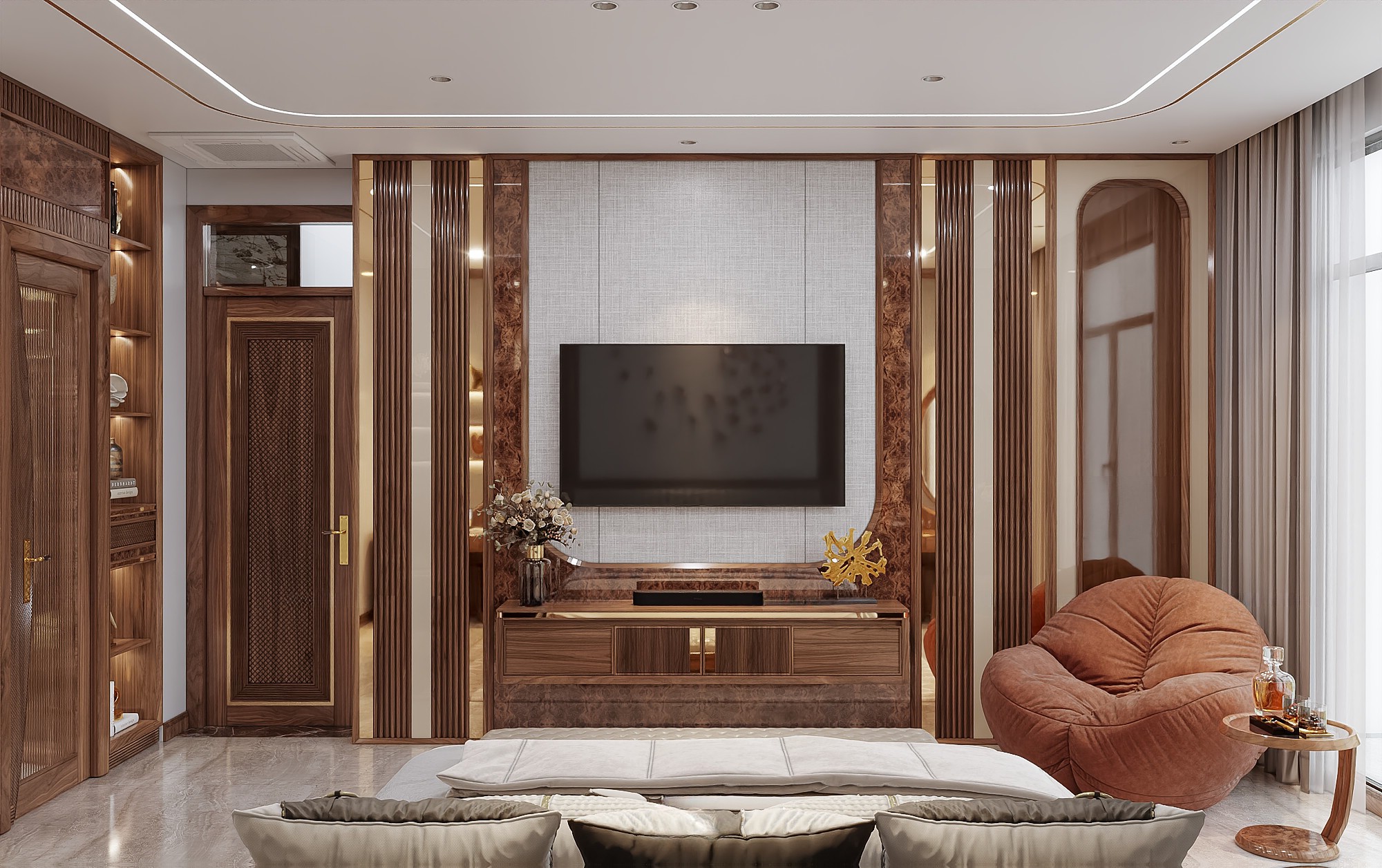 Kệ tivi đơn giản treo tường với ngăn kéo mặt CNC kẻ sọc và kim loại mạ vàng