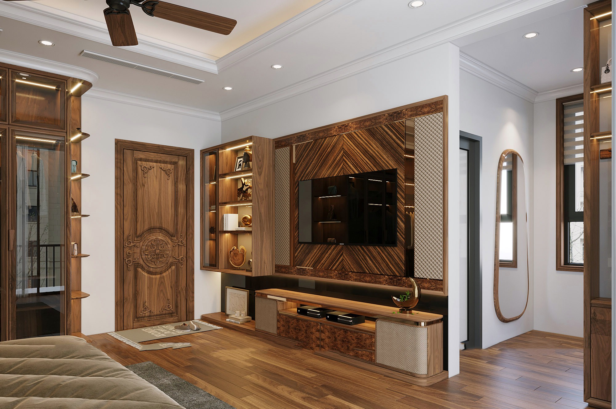 Kệ tivi gỗ tự nhiên cao cấp bo tròn với viền kim loại vàng đồng sang trọng