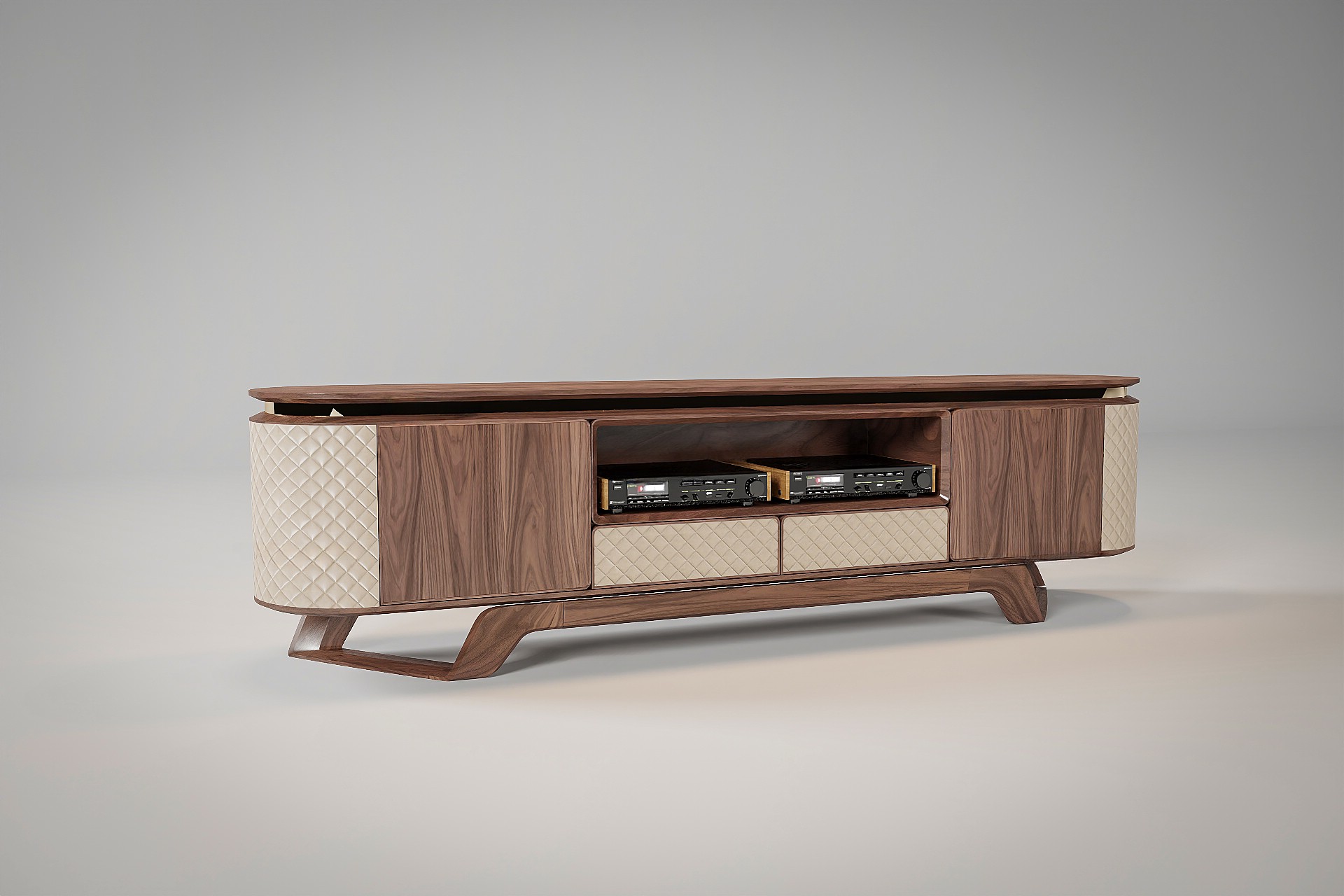 Kệ tivi gỗ tự nhiên hiện đại gỗ óc chó ốp da PU chần trám