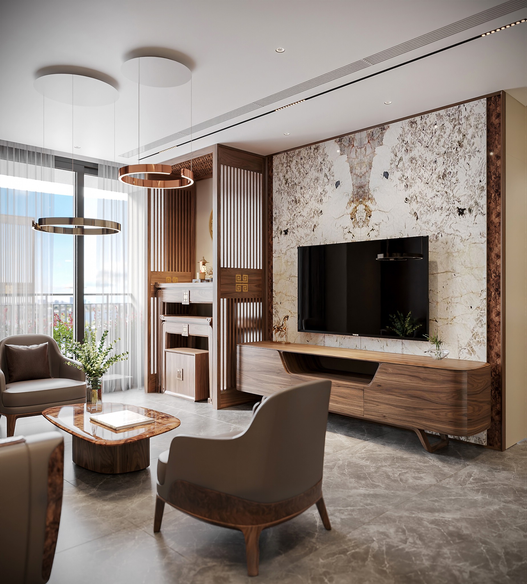 Kệ tivi hiện đại đẹp dáng hộp chữ nhật chất liệu gỗ óc chó màu nâu đậm