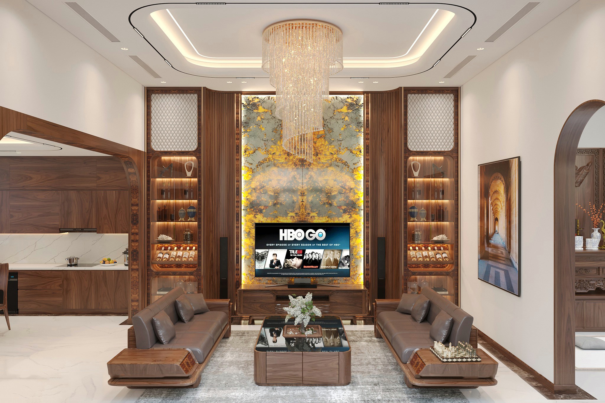 Kệ tivi kèm tủ rượu gỗ tự nhiên với cánh kính và ngăn kéo CNC sóng nước