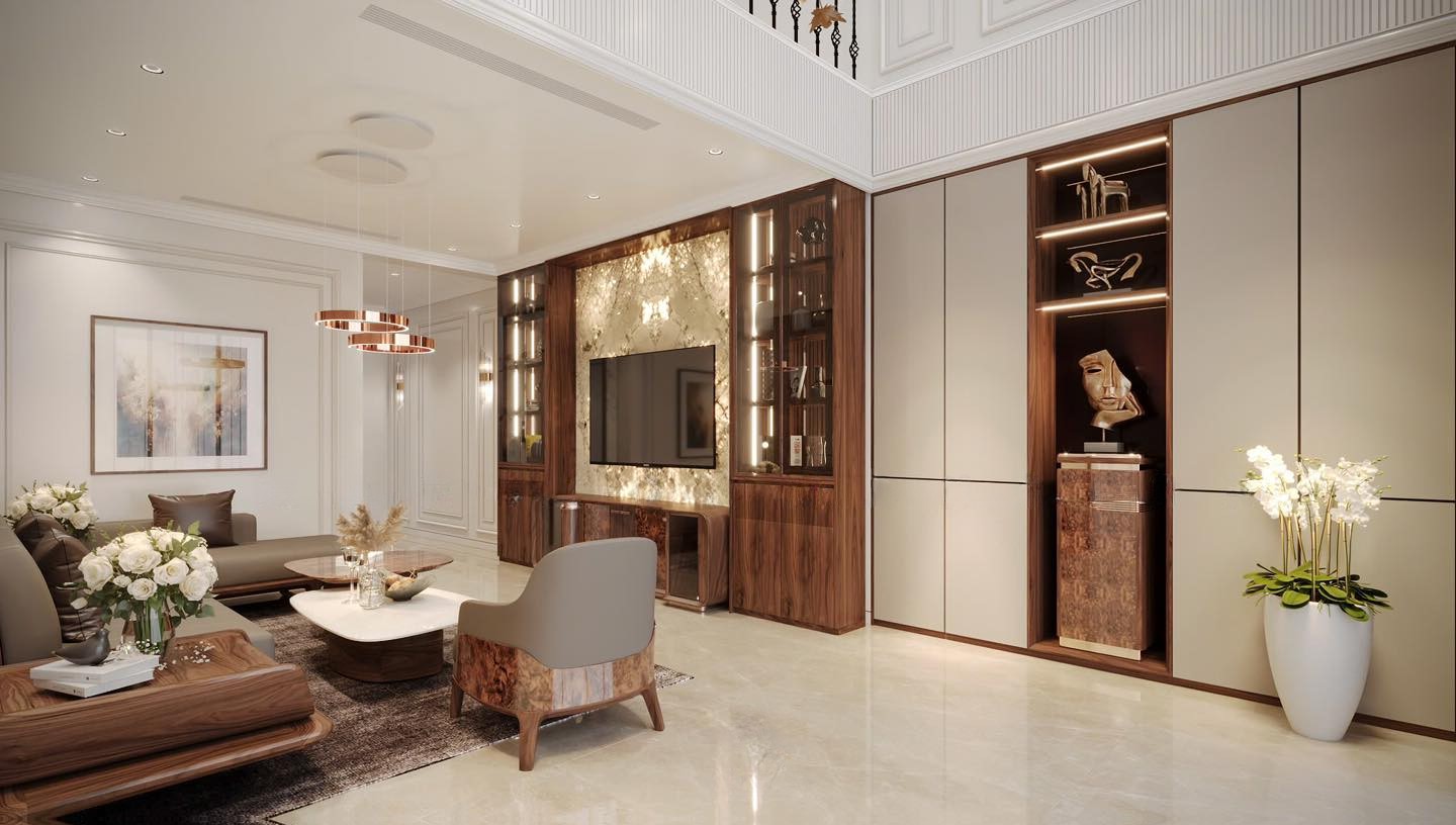 Kệ tivi kết hợp tủ rượu hiện đại gỗ óc chó đối xứng