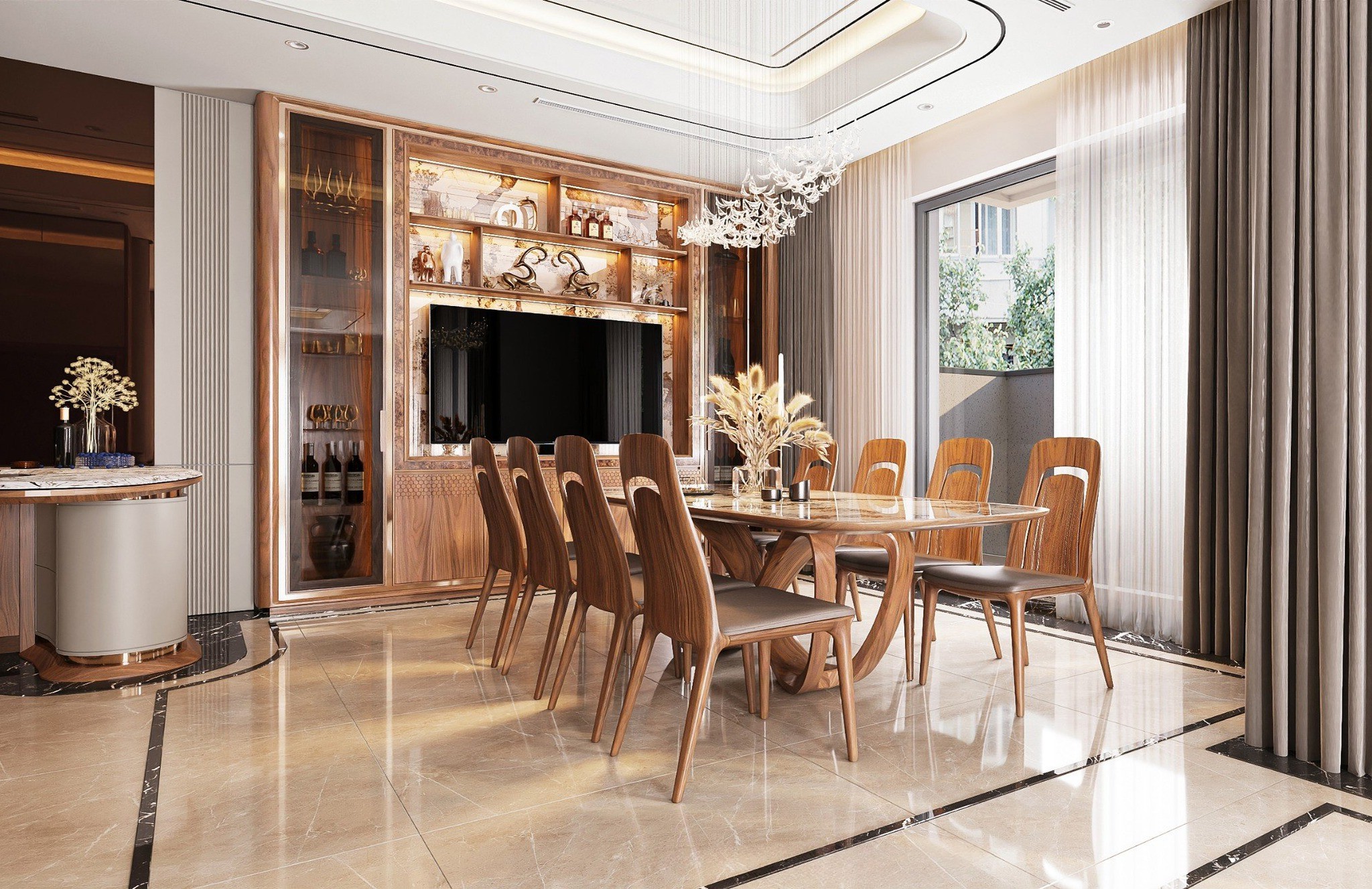 Kệ tivi kết hợp tủ rượu gỗ óc chó tự nhiên cao kịch trần sang trọng