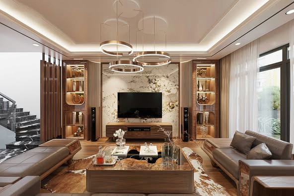 Kệ tivi phòng khách gỗ veneer óc chó màu nâu sẫm sang trọng