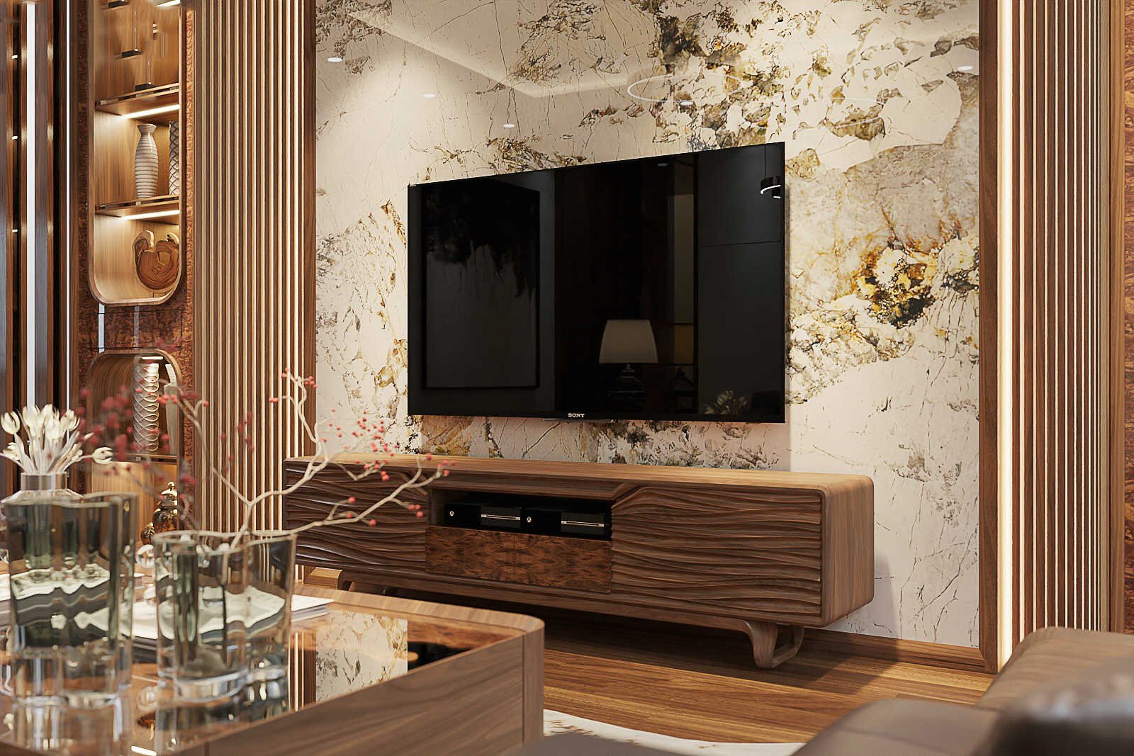 Kệ tivi phòng khách đẹp hiện đại gỗ óc chó