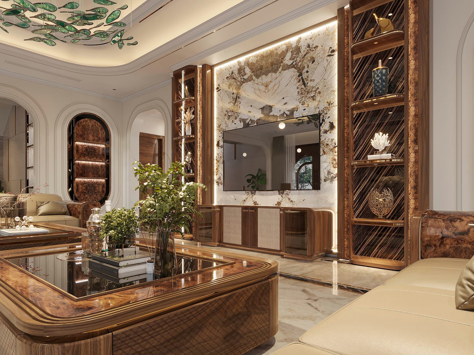 Kệ tivi phòng khách hiện đại gỗ óc chó chân bệt, tủ kính tối màu