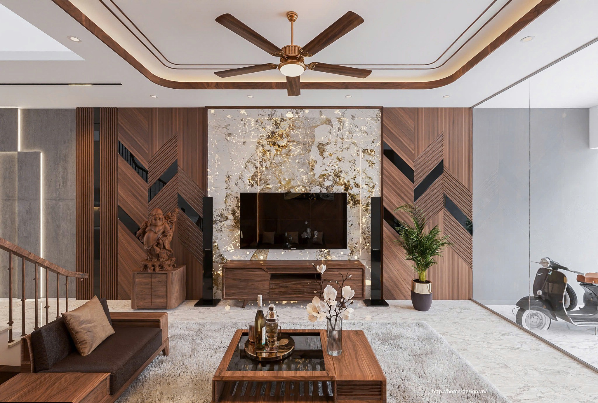 Kệ tivi phòng khách nhà ống gỗ óc chó và đá Onyx