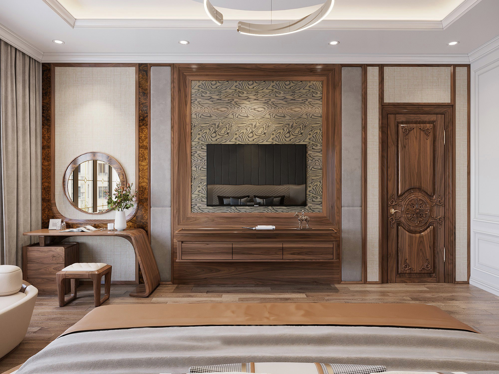 Kệ tivi phòng khách treo tường veneer óc chó