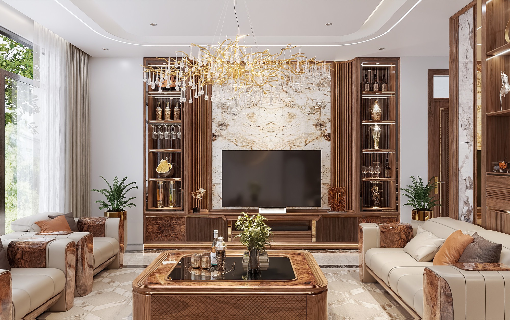 Kệ tivi phòng khách tích hợp tủ rượu hiện đại