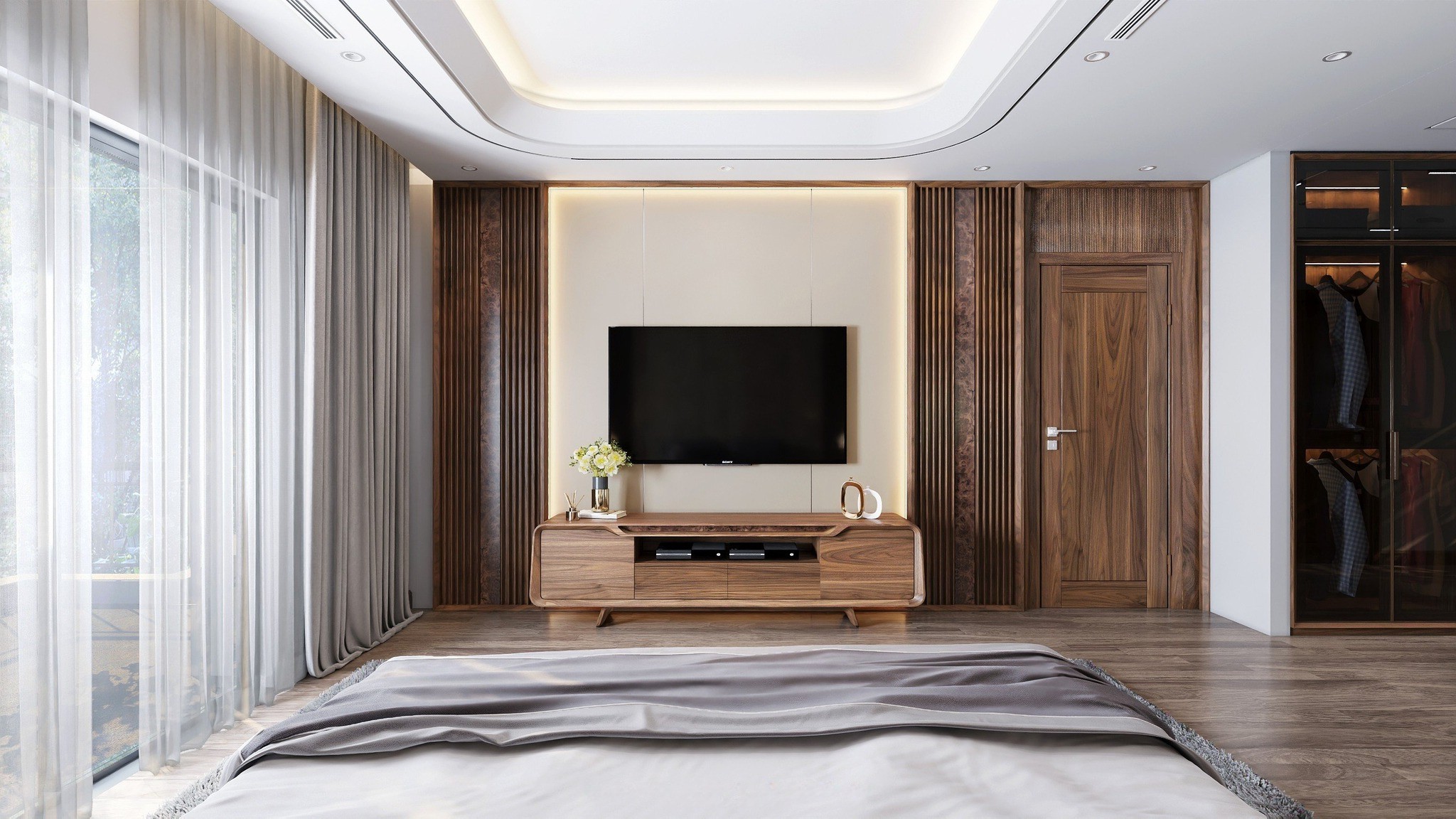 Kệ tivi phòng ngủ dáng thấp gỗ óc chó bo cong viền veneer nu sang trọng