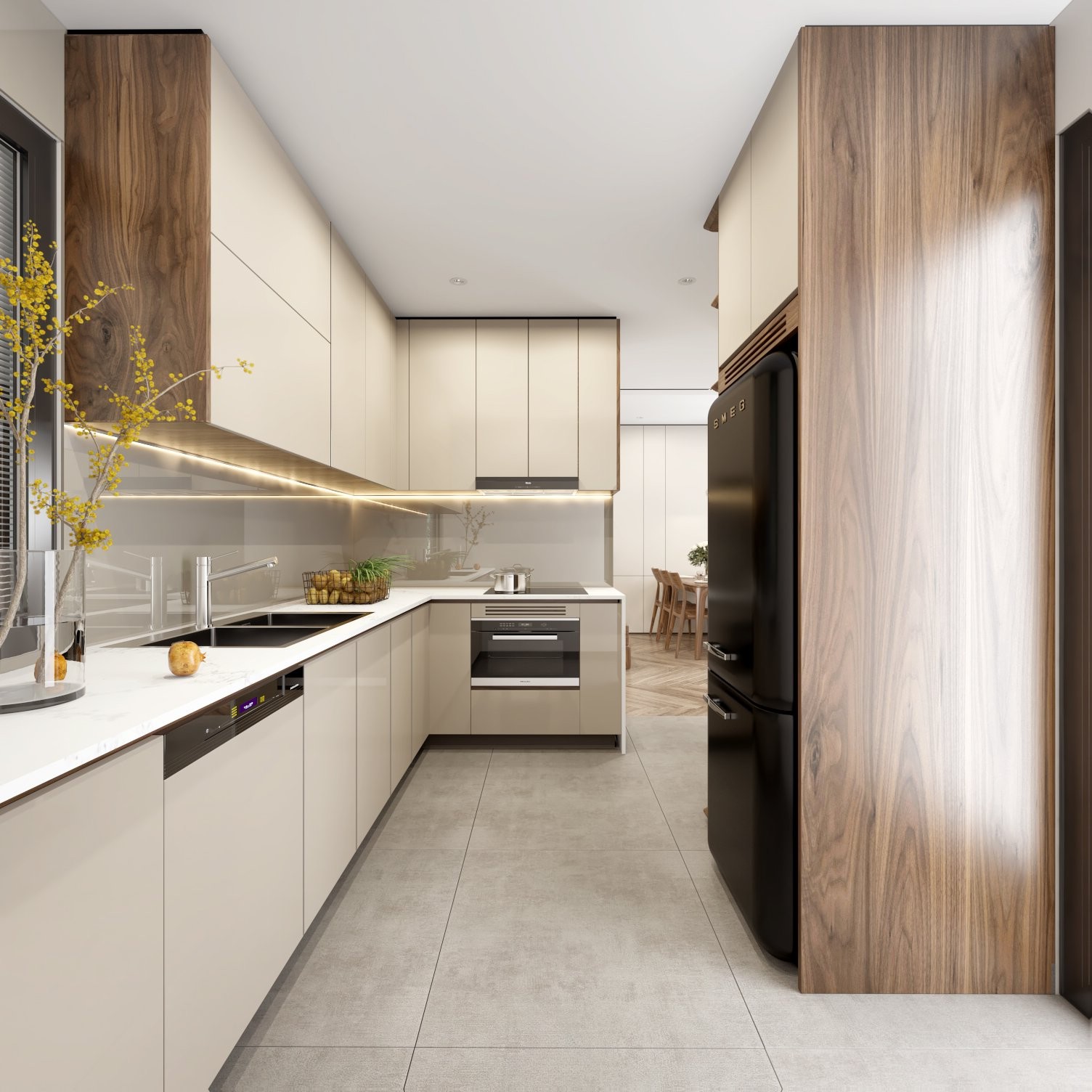 Kệ tủ bếp hiện đại khung gỗ HDF phủ veneer óc chó