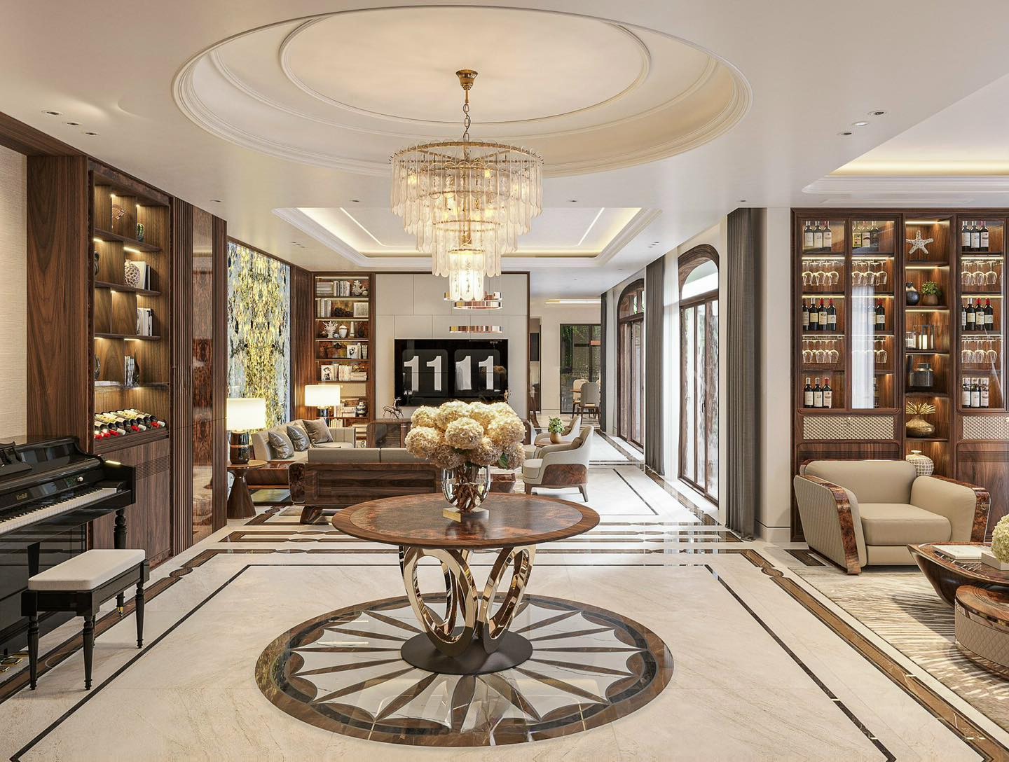 Kệ tủ rượu phòng khách âm tường gỗ óc chó