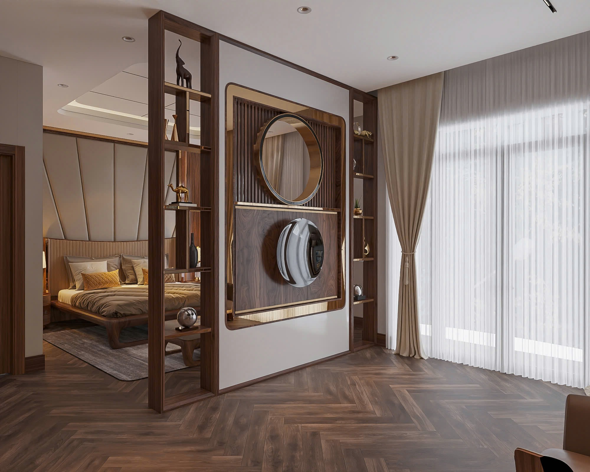 Kệ vách ngăn đẹp cho phòng ngủ bằng gỗ tự nhiên cao kịch trần