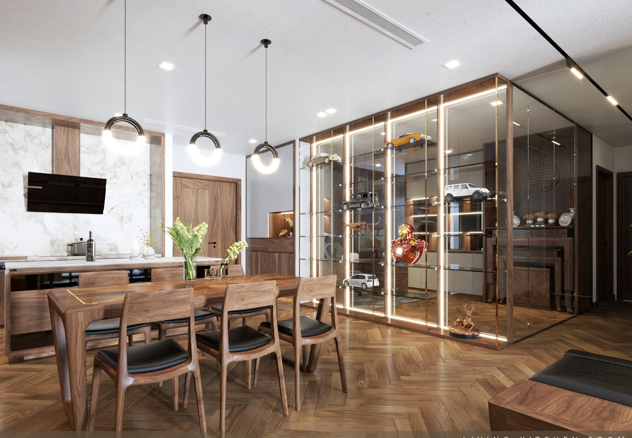 Kích thước bàn ăn 6 người bằng gỗ óc chó hiện đại