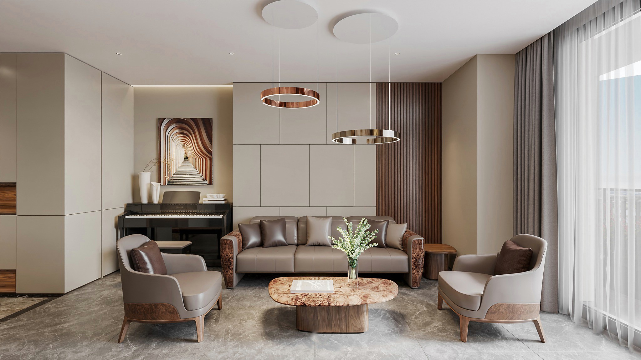 Mẫu bàn ghế gỗ phòng khách gỗ óc chó tự nhiên với đệm da xám đậm và bàn trà veneer nu sang trọng