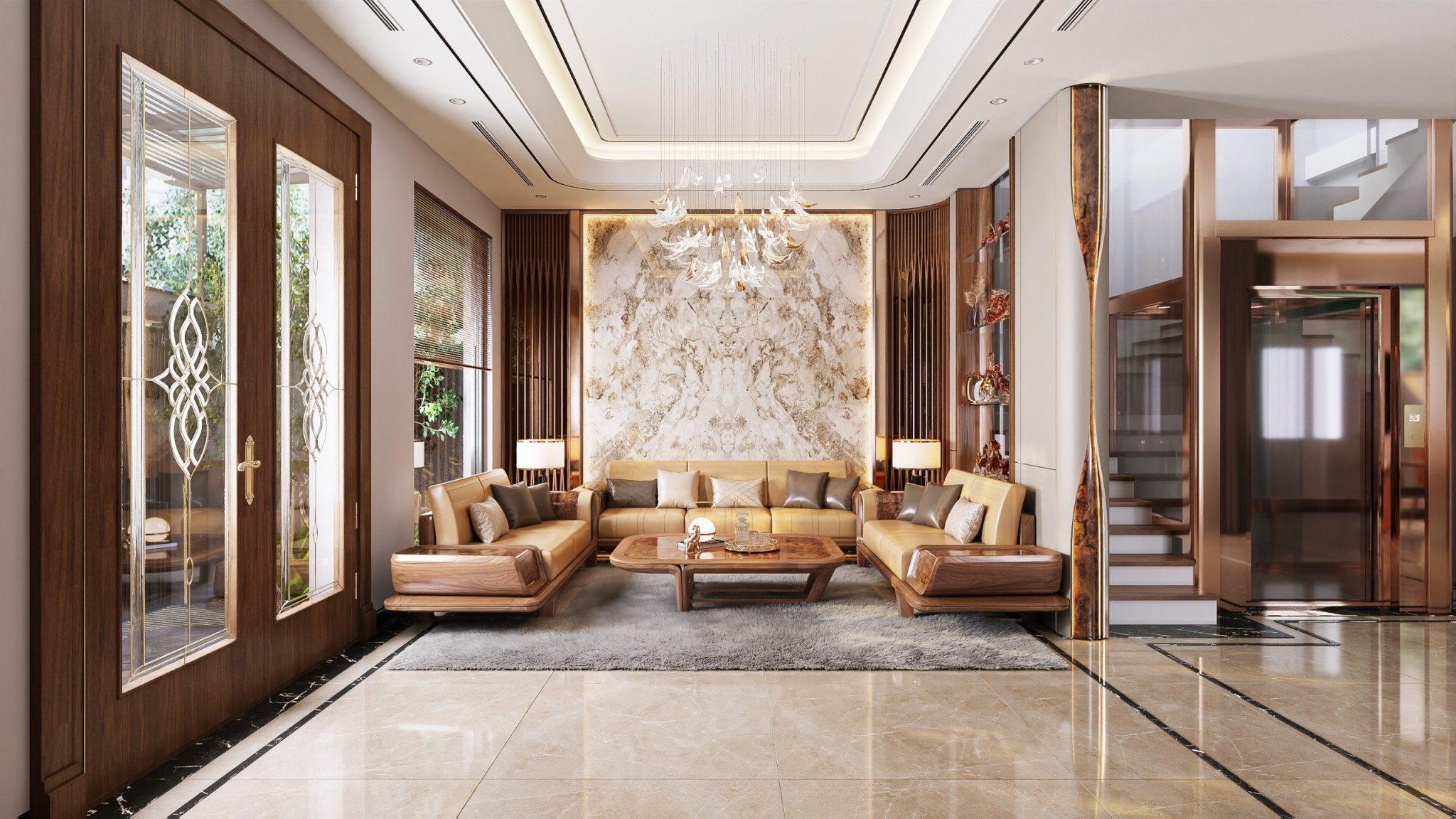 Mẫu bàn ghế phòng khách hiện đại bố trí hình chữ U