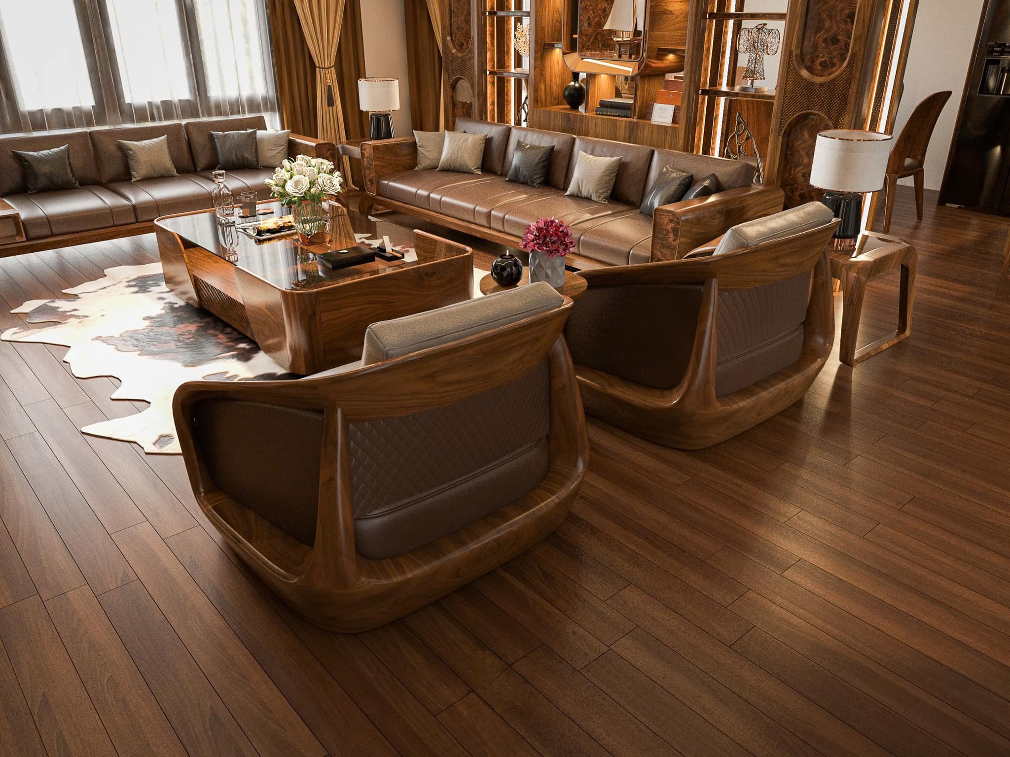 Mẫu bàn ghế sofa gỗ mới nhất bằng gỗ óc chó tự nhiên