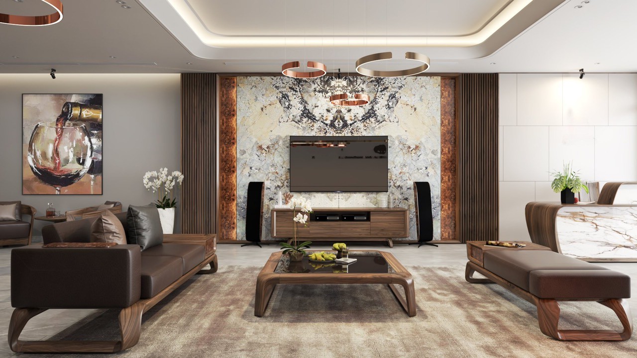 Mẫu bàn trà đẹp đơn giản với mặt kính đen và khung gỗ óc chó tự nhiên