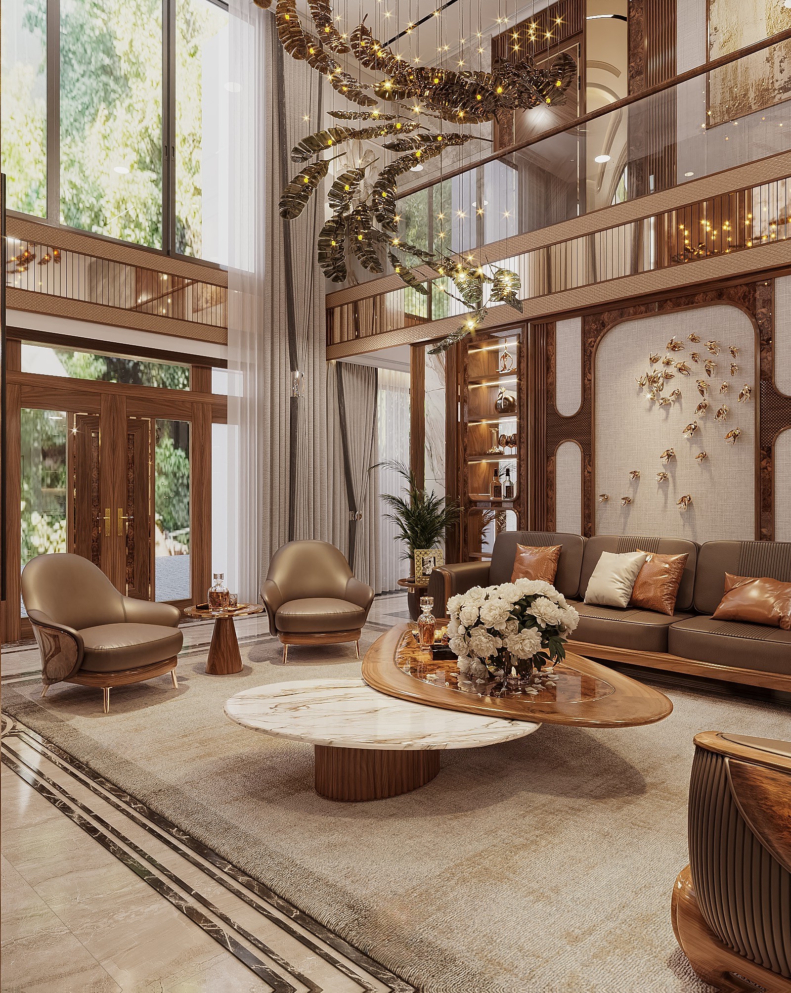 Mẫu bàn trà đẹp hai tầng với mặt đá tròn và mặt gỗ veneer nu tam giác bo tròn