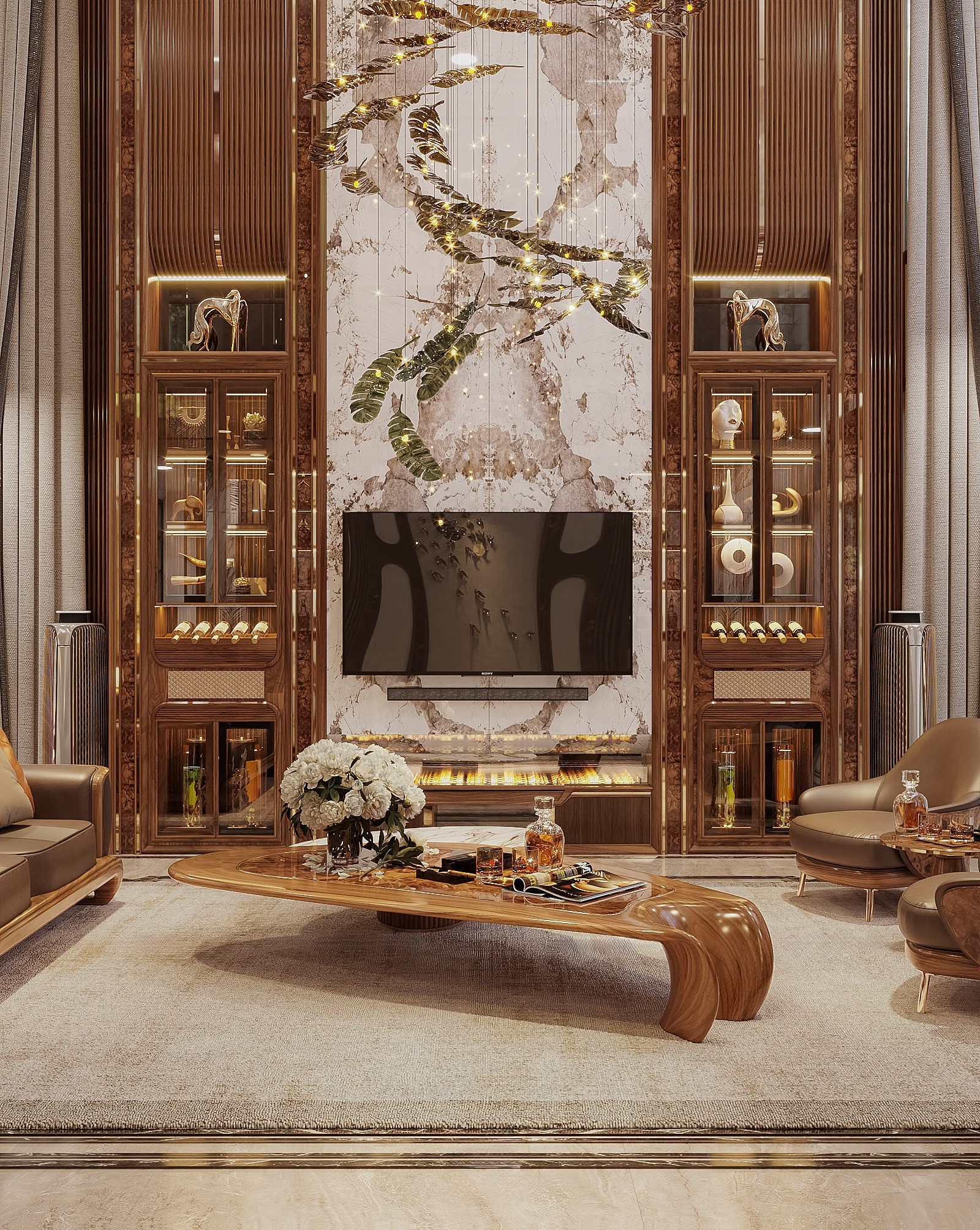 Mẫu bàn trà gỗ tự nhiên kết hợp mặt veneer vân nu và đá marble