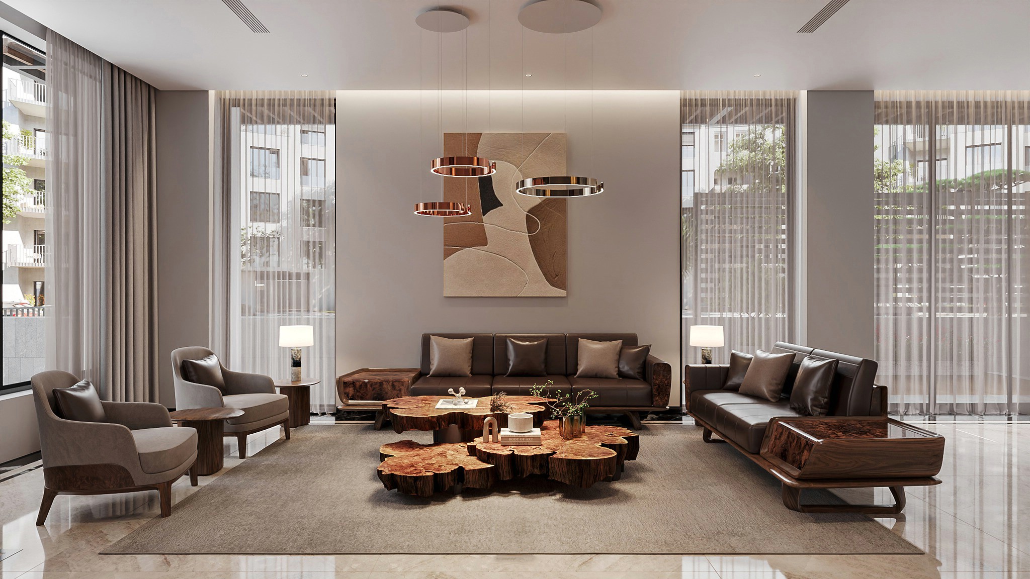 Mẫu bộ bàn ghế phòng khách đẹp dáng chữ U với đệm bọc da và bàn trà gỗ nguyên khối