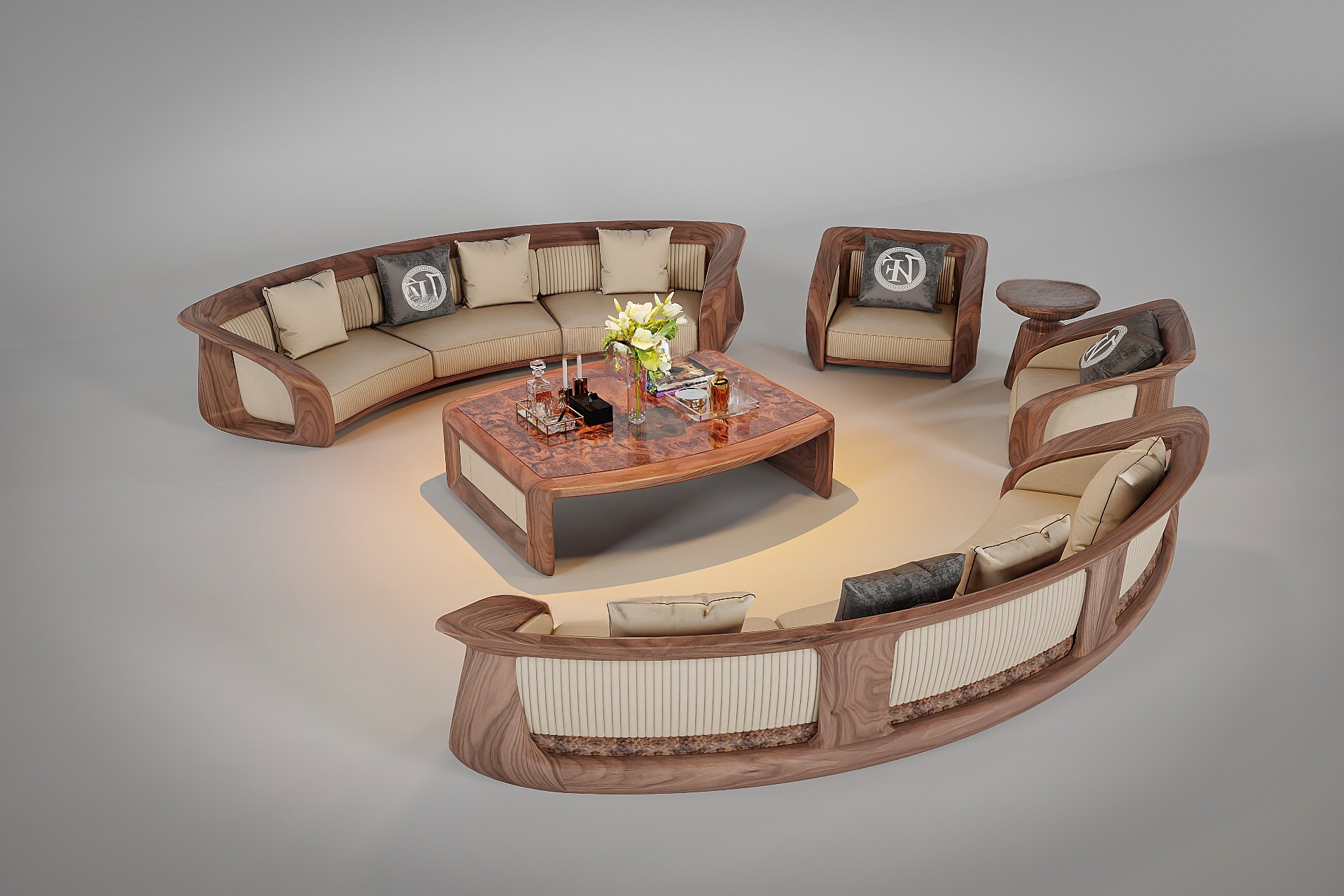 Mẫu ghế sofa gỗ đẹp hiện đại bằng gỗ óc chó với thiết kế vòm cung sang trọng