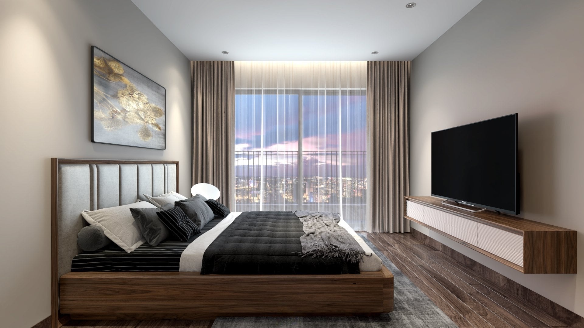 Mẫu giường ngủ đơn giản hiện đại bằng gỗ óc chó hoặc gỗ sồi tự nhiên màu nâu gụ