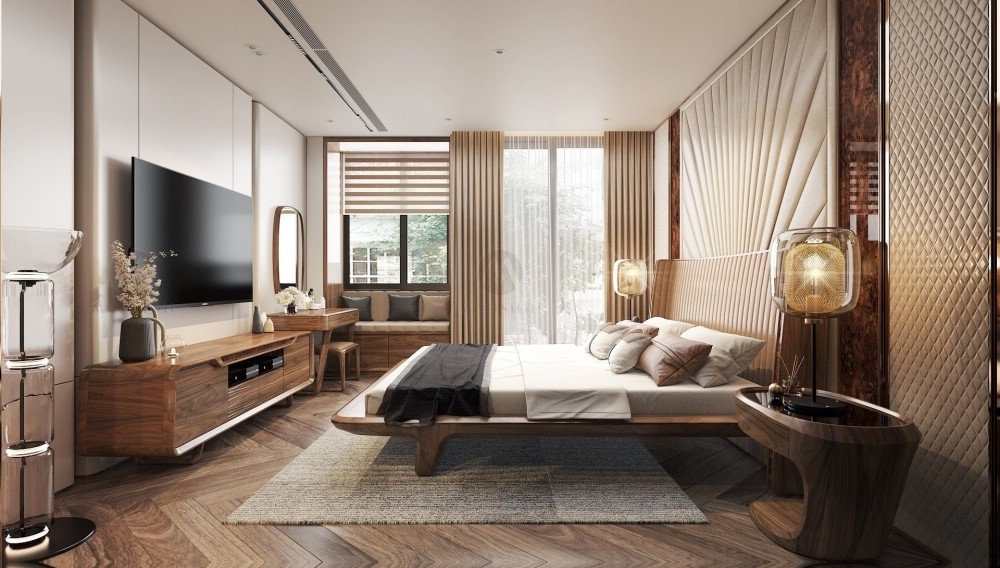 Mẫu giường ngủ gỗ đẹp khung thanh liền khối dáng thấp, tựa đầu cao bọc nệm vải màu be đậm