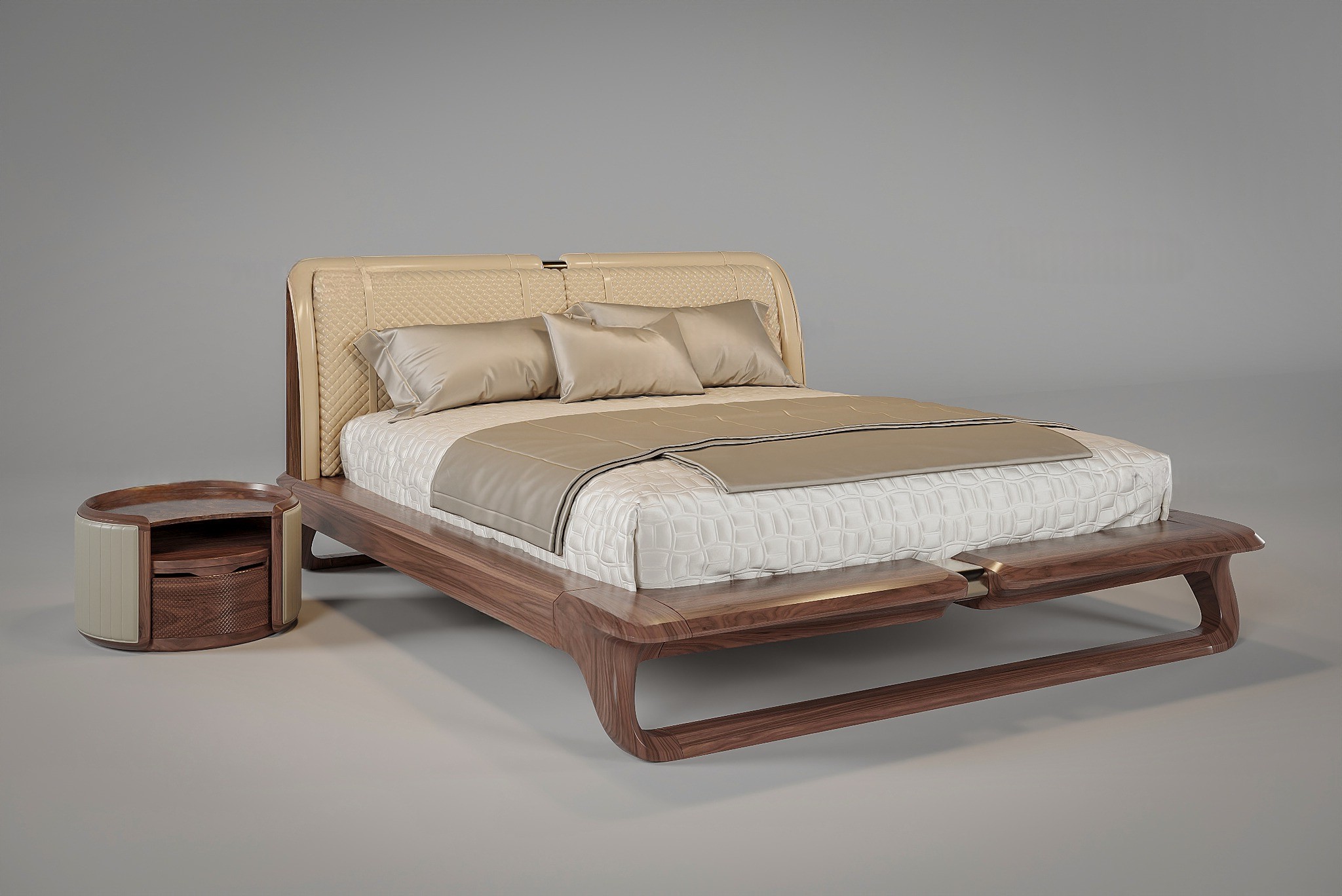 Mẫu giường ngủ gỗ tự nhiên màu nâu đậm với tựa đầu bọc da quả trám sang trọng