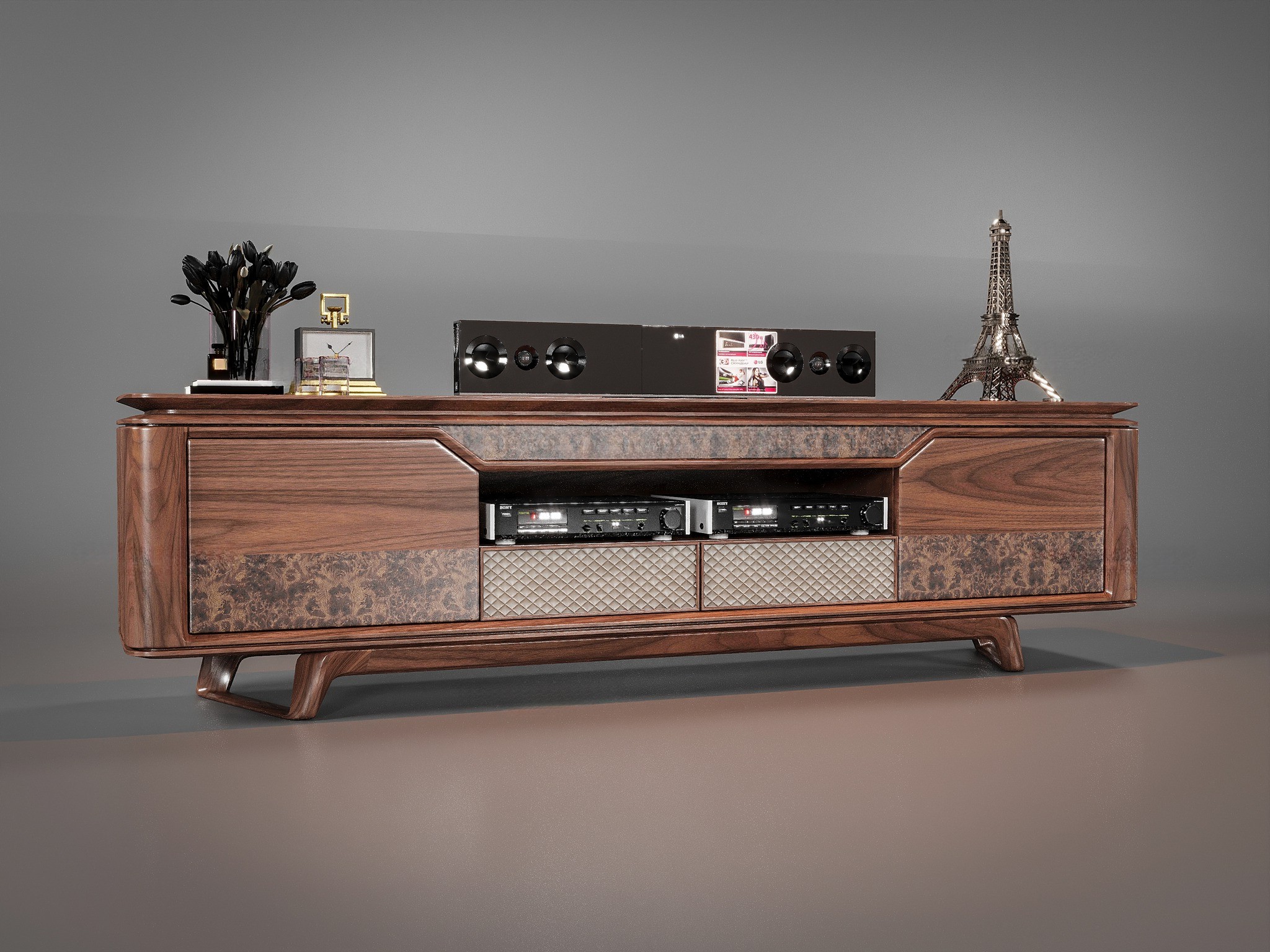 Mẫu kệ tivi đẹp hiện đại gỗ óc chó hoặc gỗ sồi với ngăn kéo ốp da và veneer nu