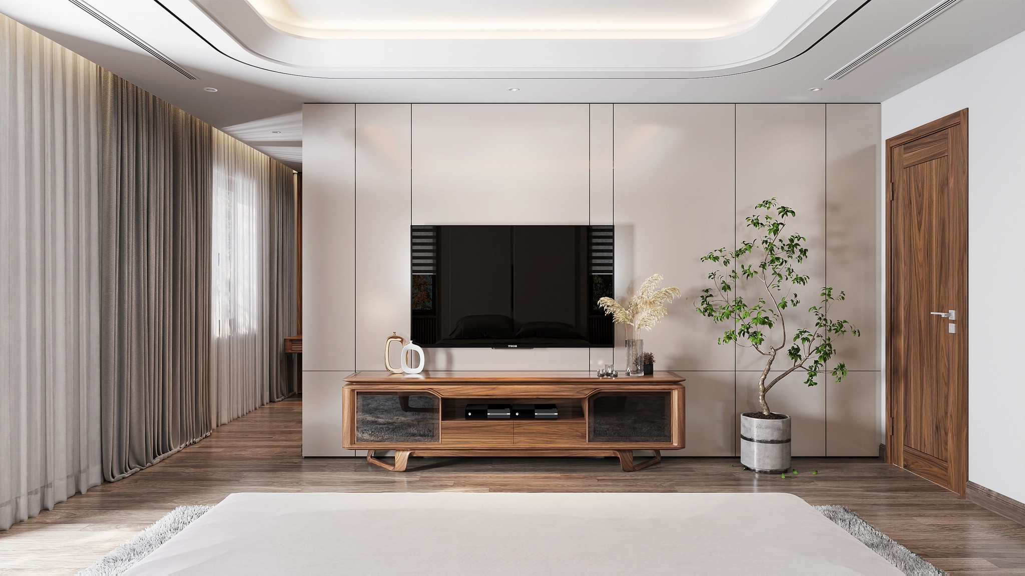 Mẫu kệ tivi gỗ óc chó hiện đại, sang trọng