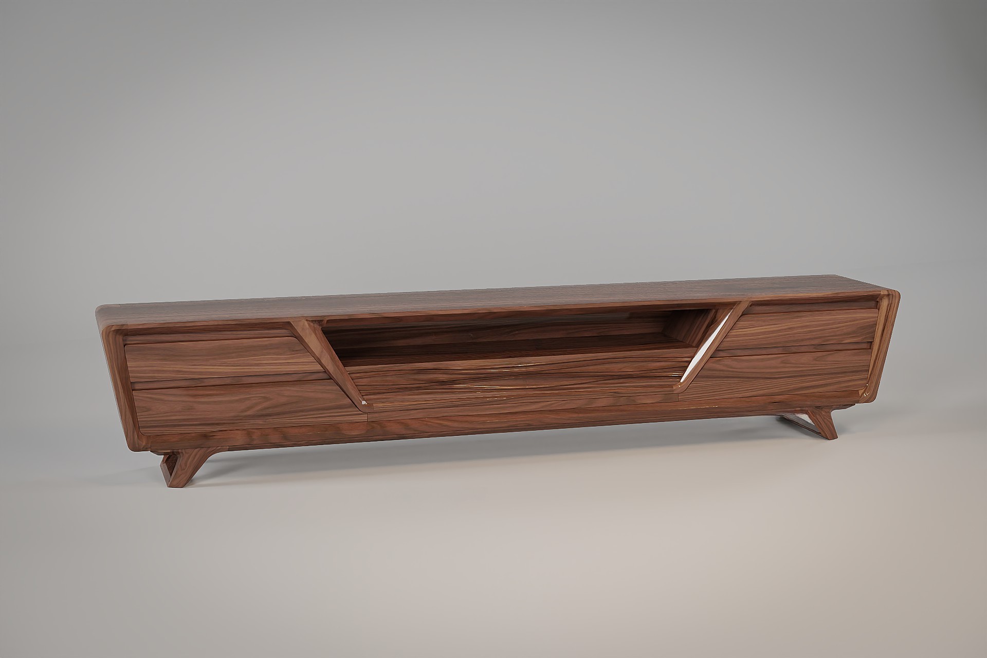 Mẫu kệ tivi phòng khách gỗ tự nhiên dáng thấp hình thang màu nâu đậm