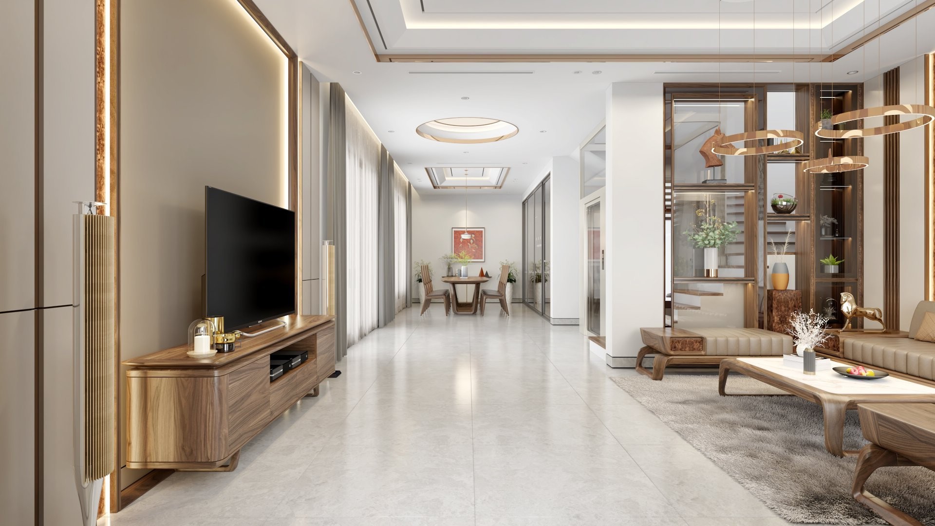 Mẫu kệ tivi phòng khách dáng hộp chữ nhật bo tròn cạnh gỗ óc chó màu nâu nhạt