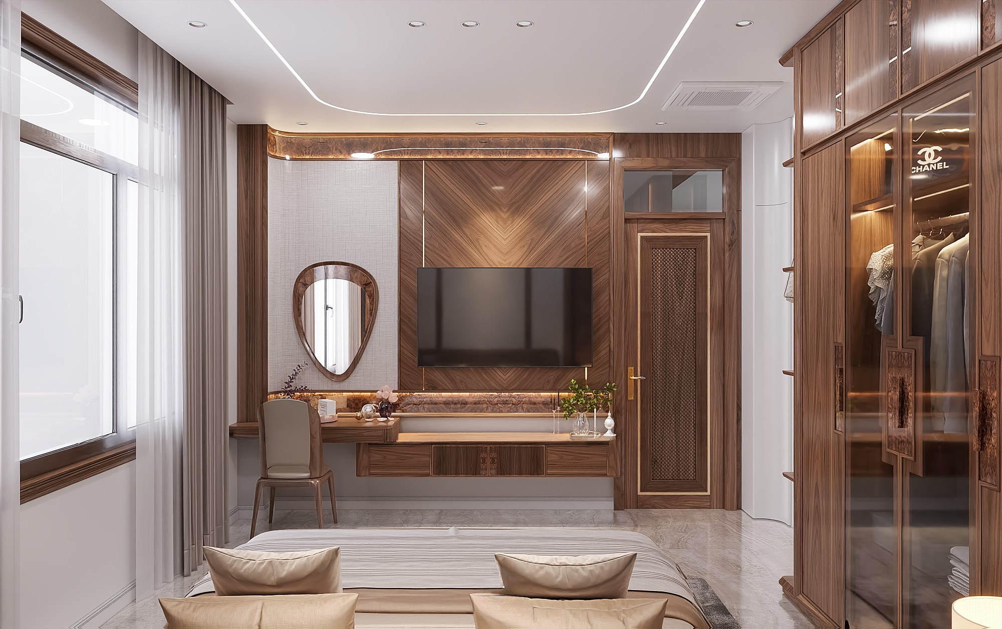 Mẫu kệ tivi treo tường hiện đại dáng chữ I gỗ tự nhiên màu nâu nhạt, ngăn kéo CNC và phào chỉ tinh tế