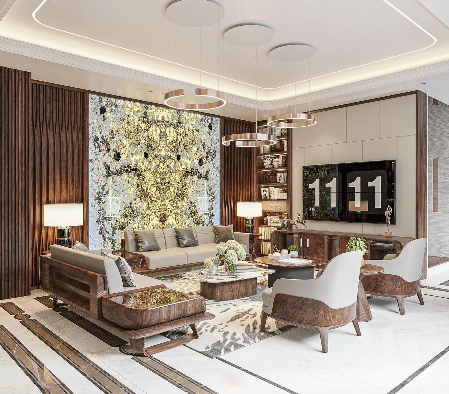 Nội thất gỗ óc chó phòng khách với đá xuyên sáng và bộ sofa trung tâm